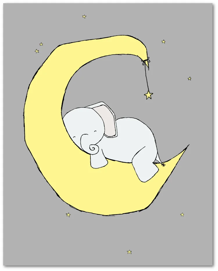 SET OF 3 - Elephant Moon and Stars - Yellow & Grey