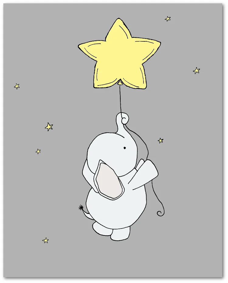 SET OF 3 - Elephant Moon and Stars - Yellow & Grey