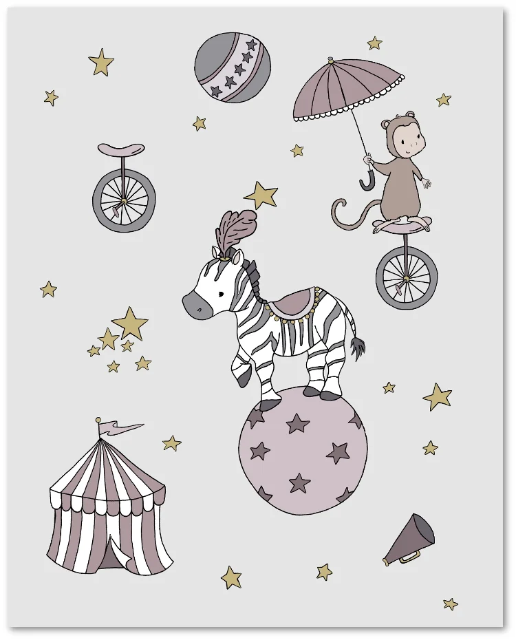 SET OF 3 - Circus Dreams - Circus Nursery Art - Gray and Mauve