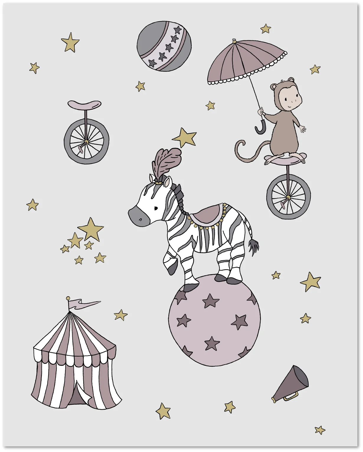 Circus Nursery Art -- Circus Dreams -- Zebra and Monkey -- Gray and Mauve