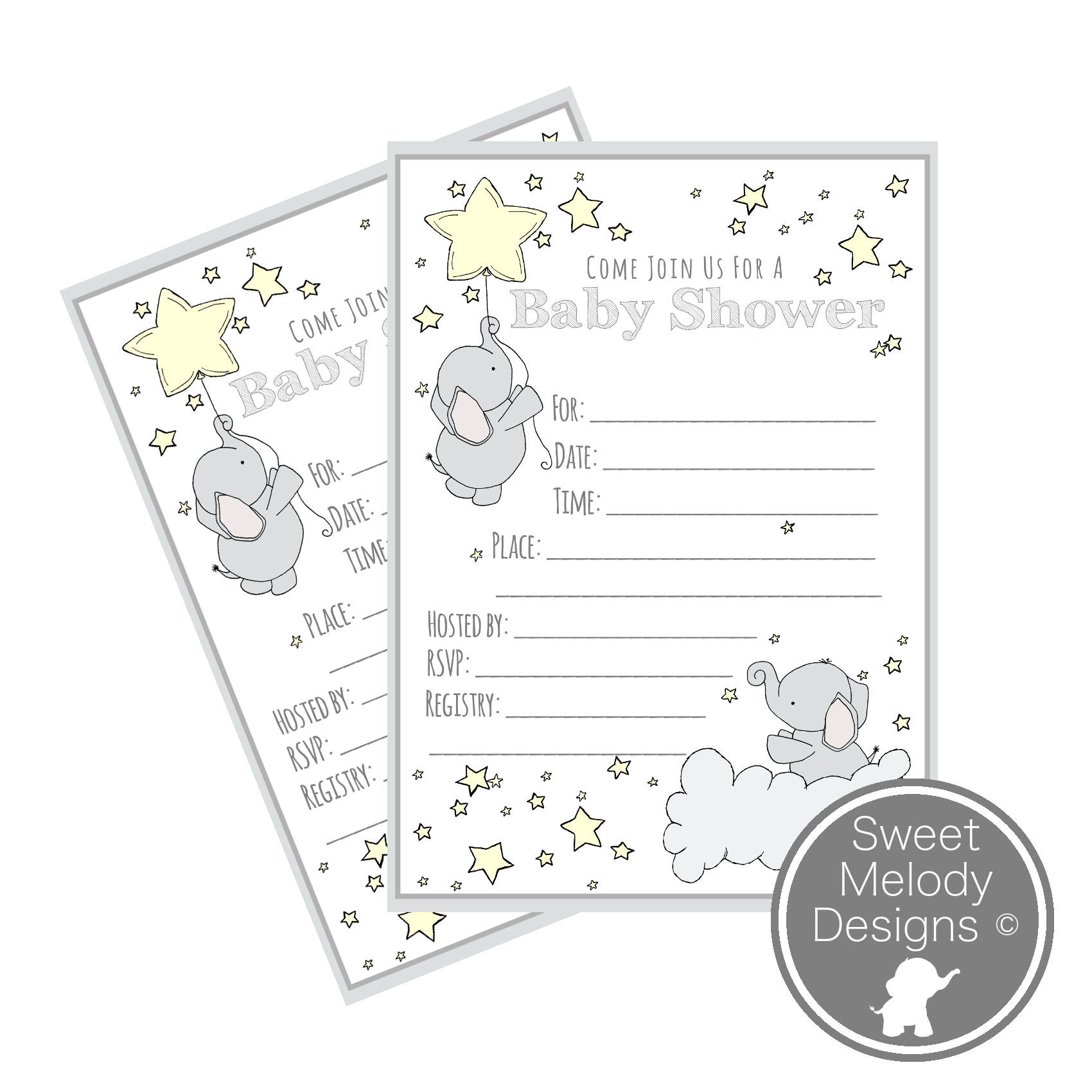 Printable Baby Shower Invitations - Instant Download - PDF Blank Invites - Elephants and Stars - Pale Yellow & Gray - Gender Neutral