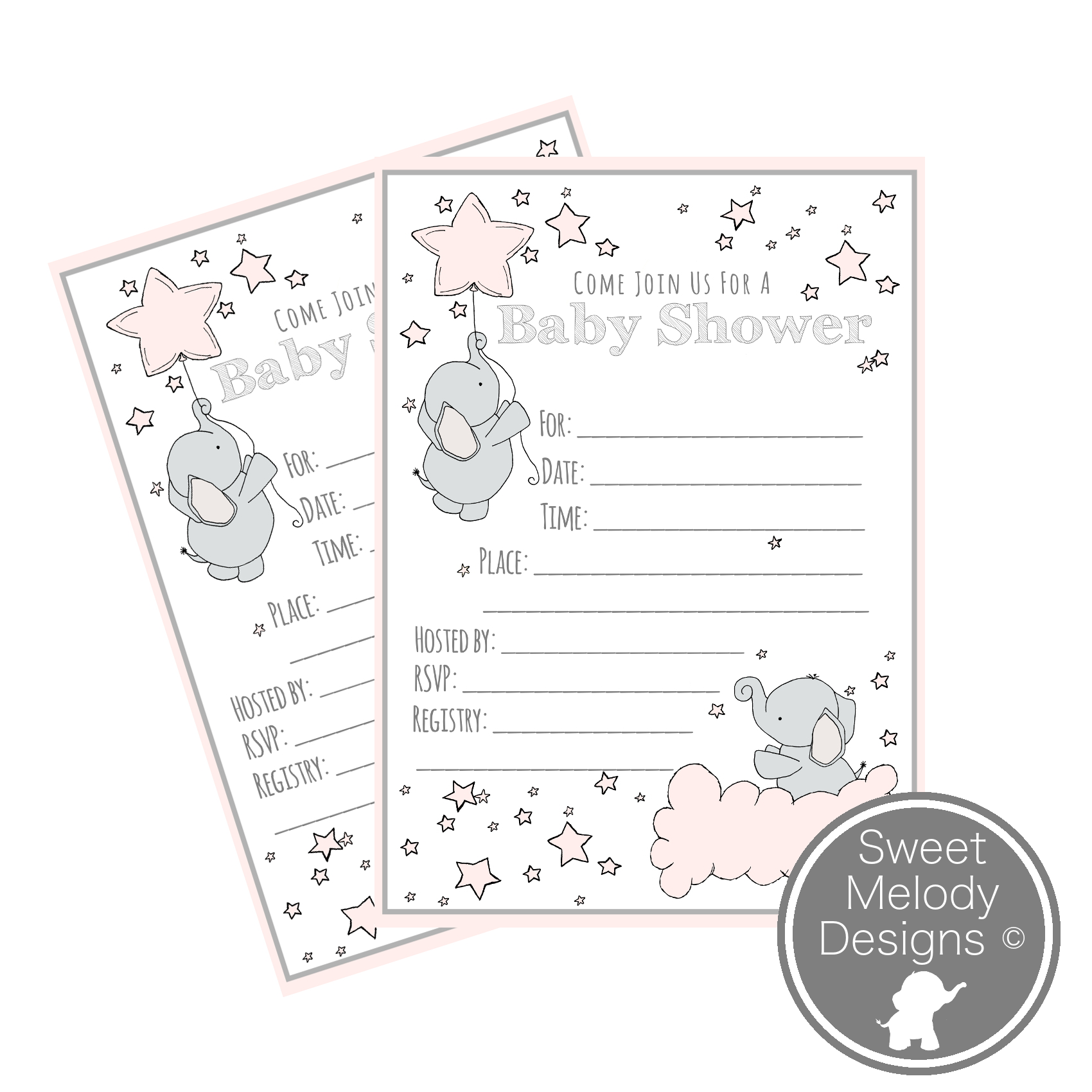 Printable Baby Shower Invitations - Instant Download - PDF Blank Invites - Elephants and Stars - Pink & Gray - Baby Girl