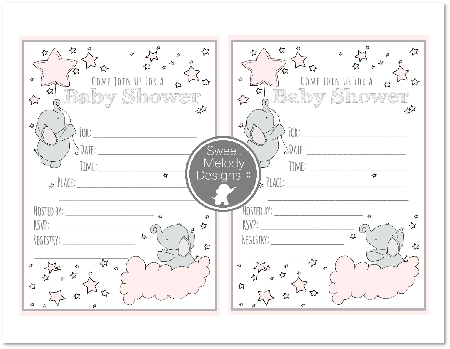 Printable Baby Shower Invitations - Instant Download - PDF Blank Invites - Elephants and Stars - Pink & Gray - Baby Girl