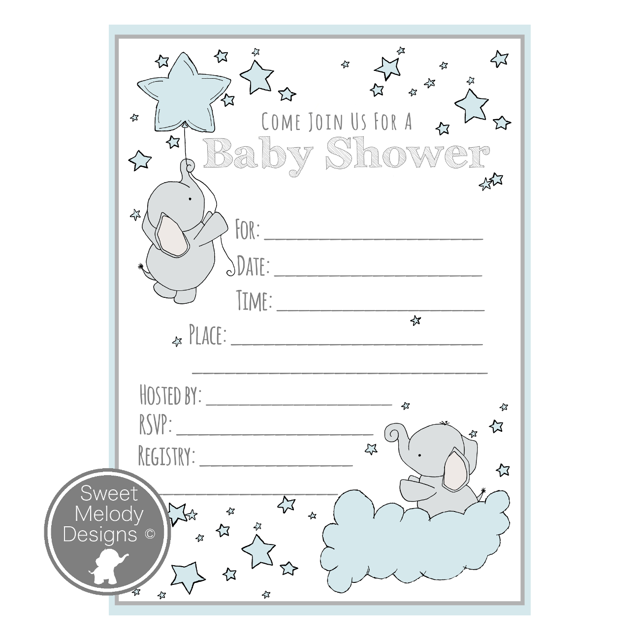 printable baby shower invitations - elephants and stars - blue & gray —  sweet melody designs