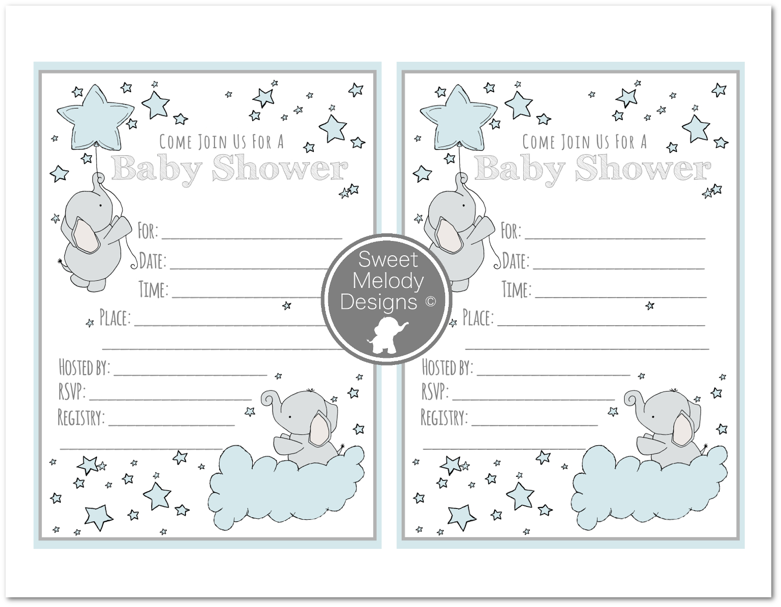 Printable Baby Shower Invitations - Instant Download - PDF Blank Invites - Elephants and Stars - Blue & Gray - Baby Boy