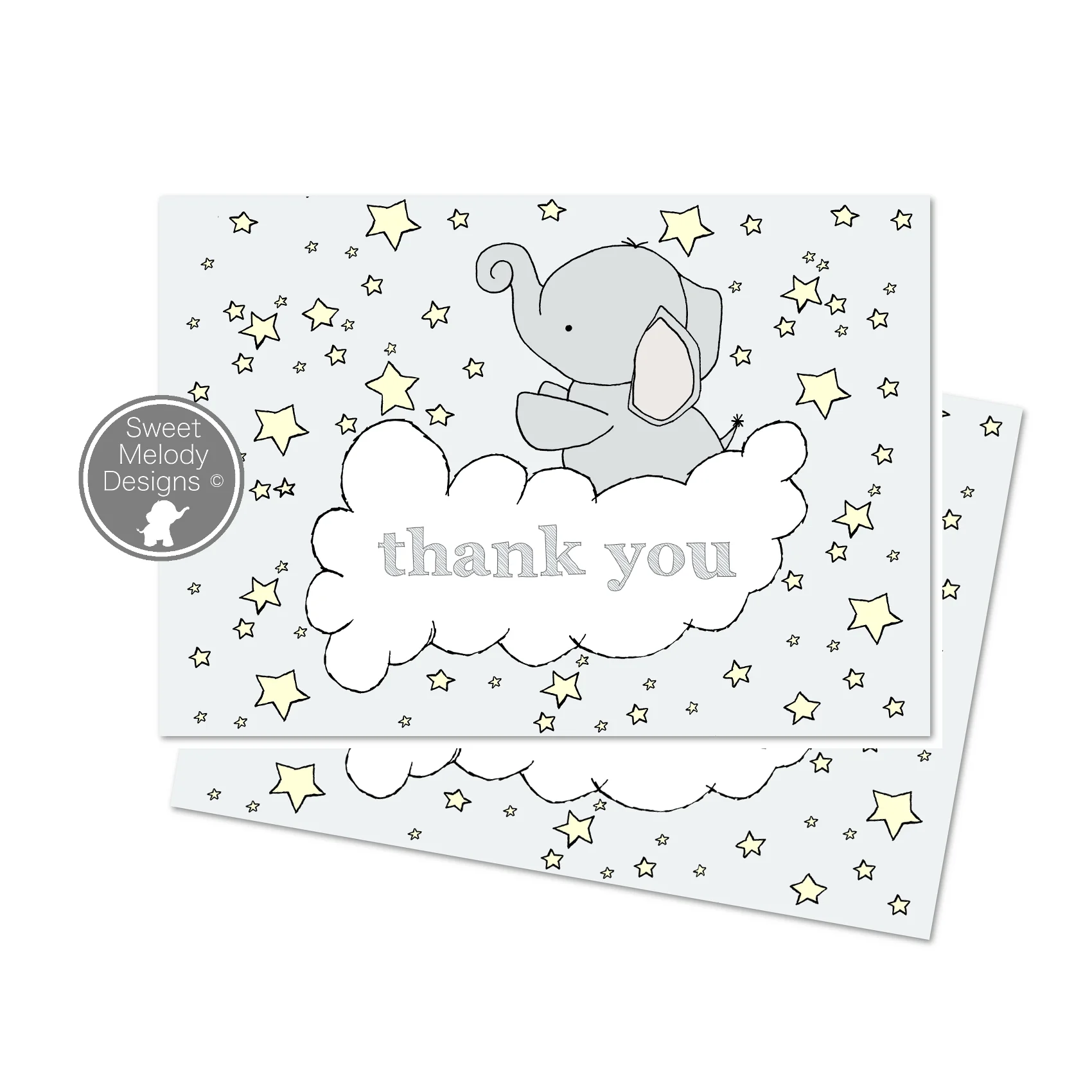 Printable Baby Shower Thank You Cards - Instant Download - PDF Blank Cards - Elephants and Stars - Pale Yellow & Gray - Gender Neutral