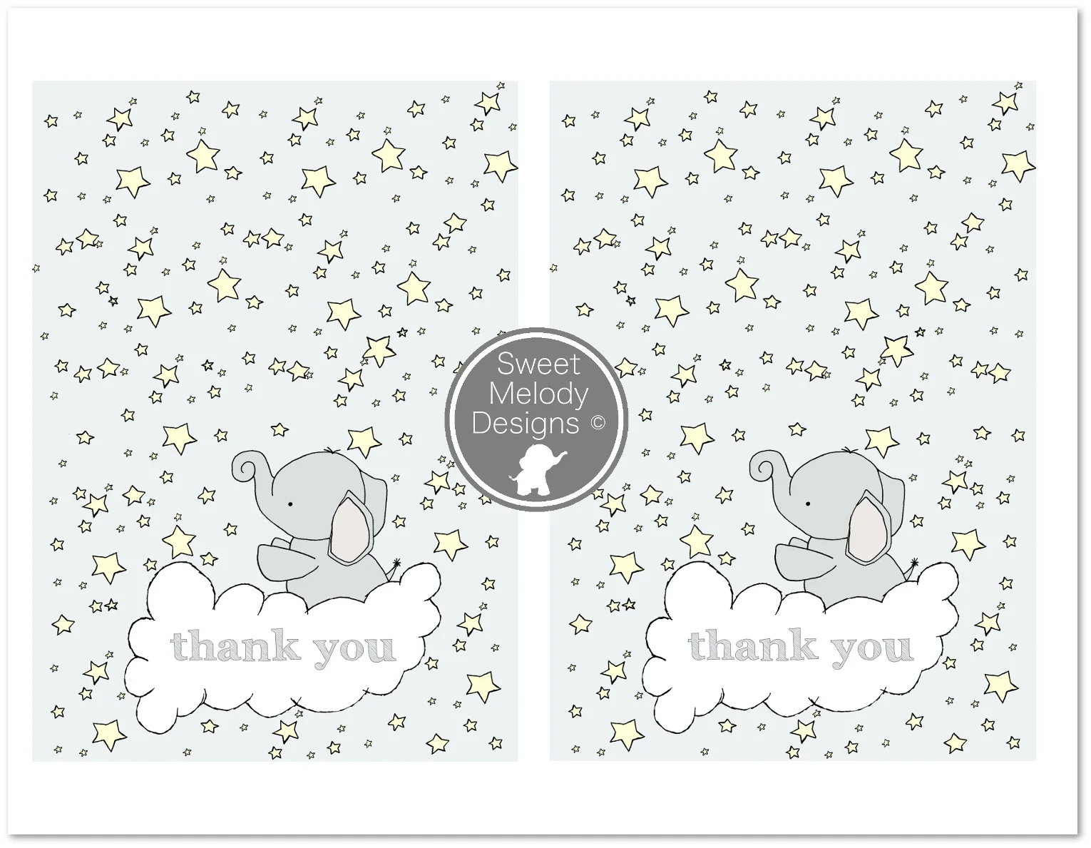 Printable Baby Shower Thank You Cards - Instant Download - PDF Blank Cards - Elephants and Stars - Pale Yellow & Gray - Gender Neutral