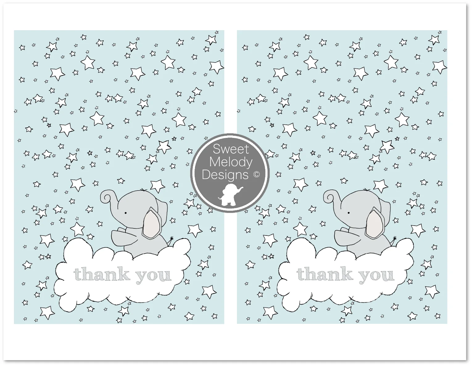 Printable Baby Shower Thank You Cards - Instant Download - PDF Blank Cards - Elephants and Stars - Blue & Gray - Baby Boy