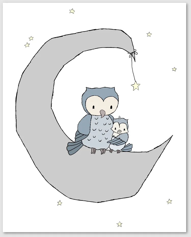 SET OF 3 - Owl Moon and Stars - Owl Nursery Art - by Sweet Melody Designs