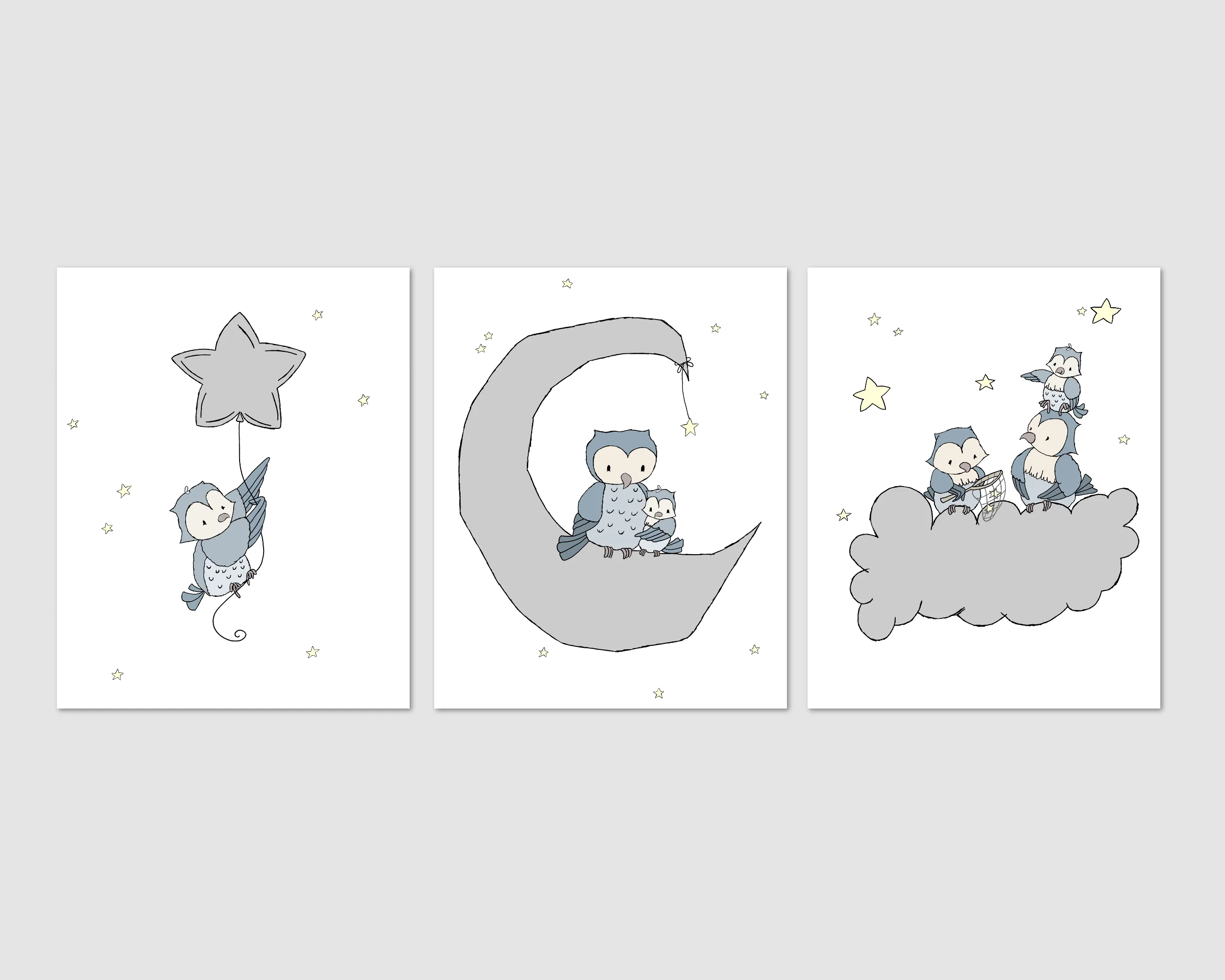 SET OF 3 - Owl Moon and Stars - Owl Nursery Art - by Sweet Melody Designs