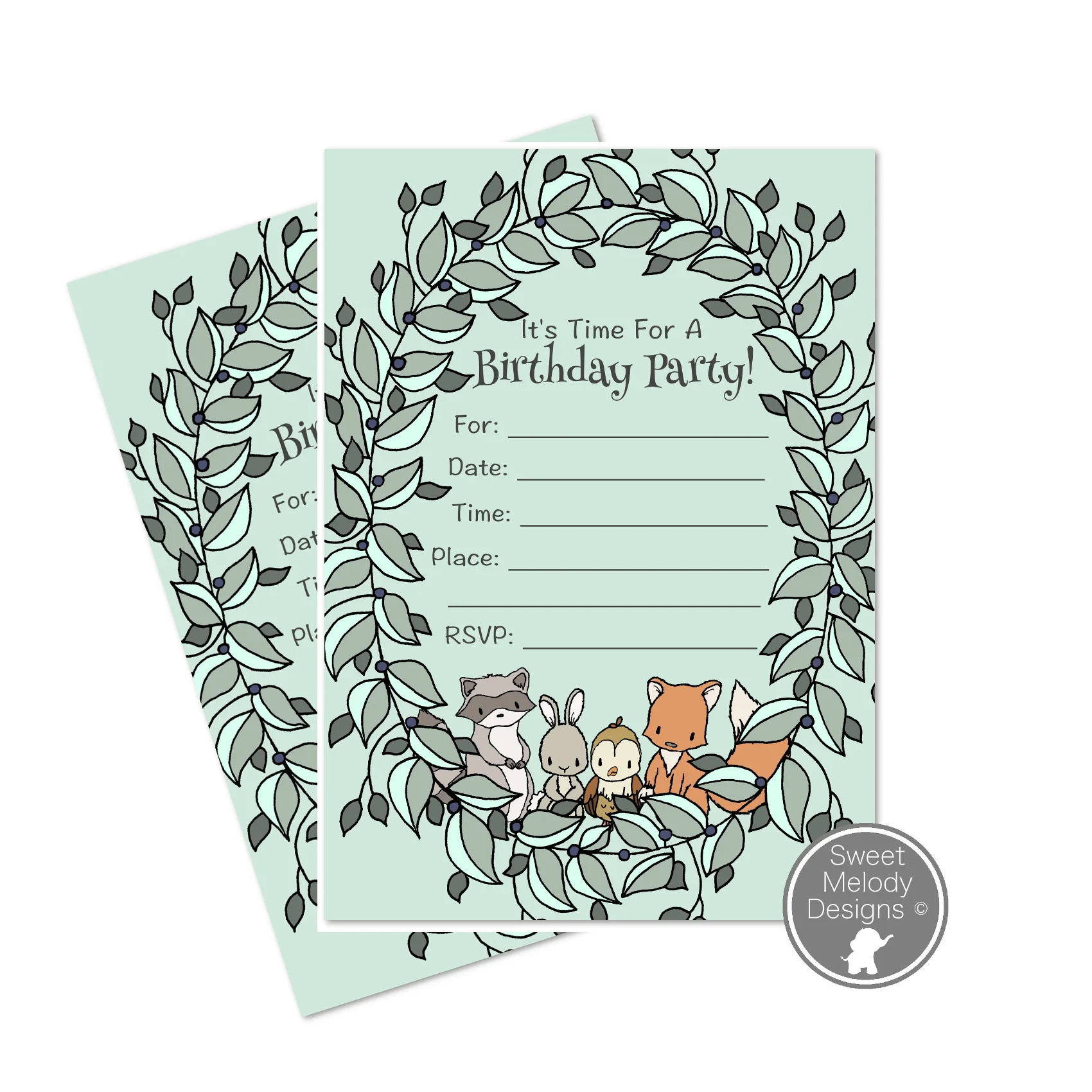 Woodland Laurels - Printable Birthday Party Invitations - by Sweet Melody Designs