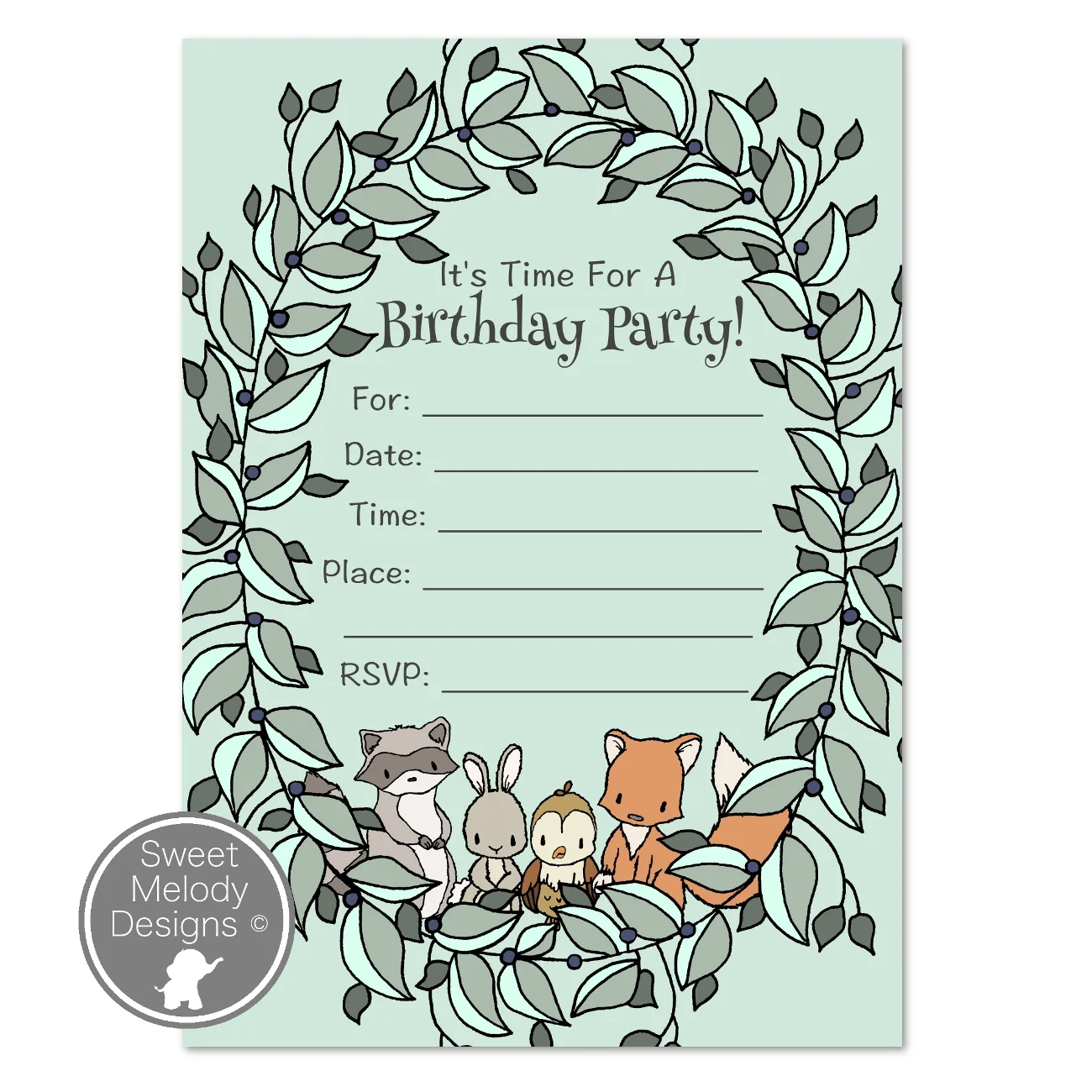 Woodland Laurels - Printable Birthday Party Invitations - by Sweet Melody Designs