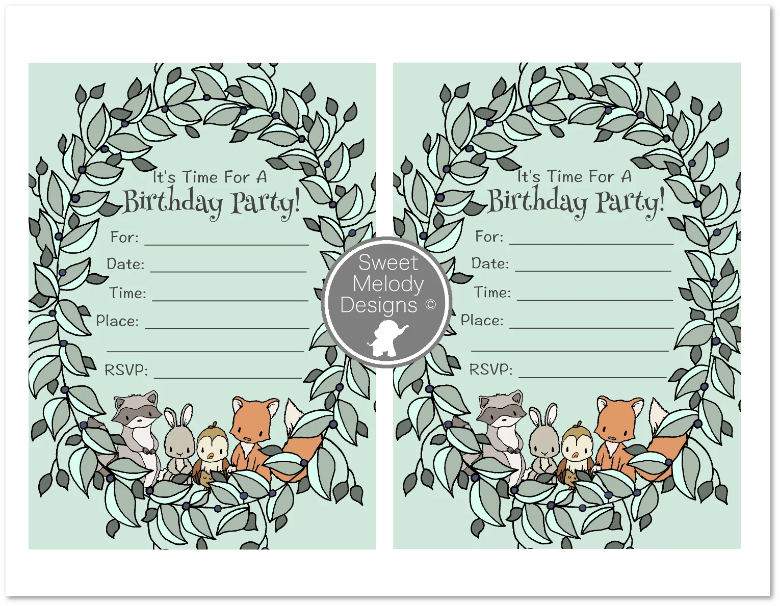 Woodland Laurels - Printable Birthday Party Invitations - by Sweet Melody Designs