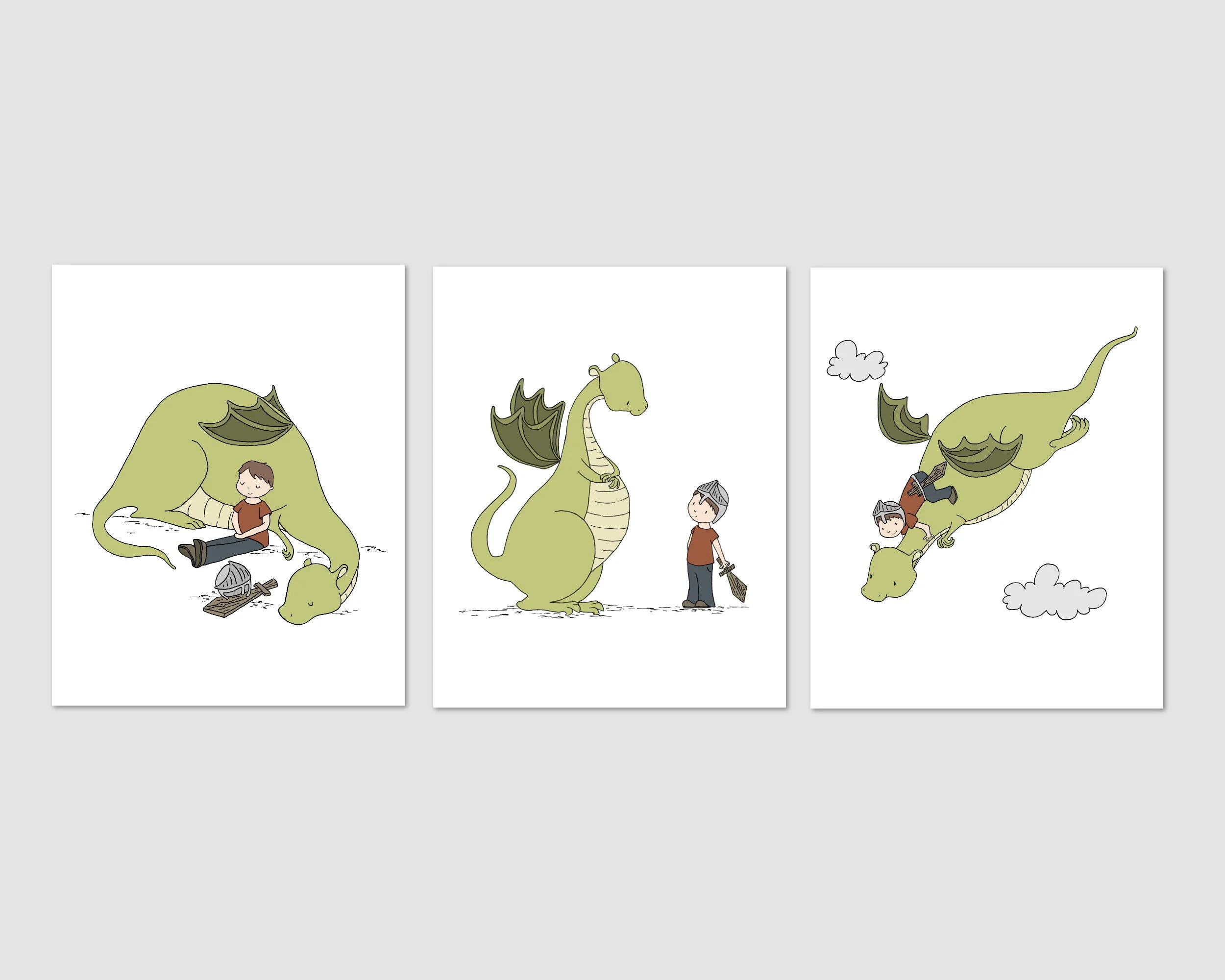 SET OF 3 - Boy and Dragon Adventures - Nursery Art - by Sweet Melody Designs