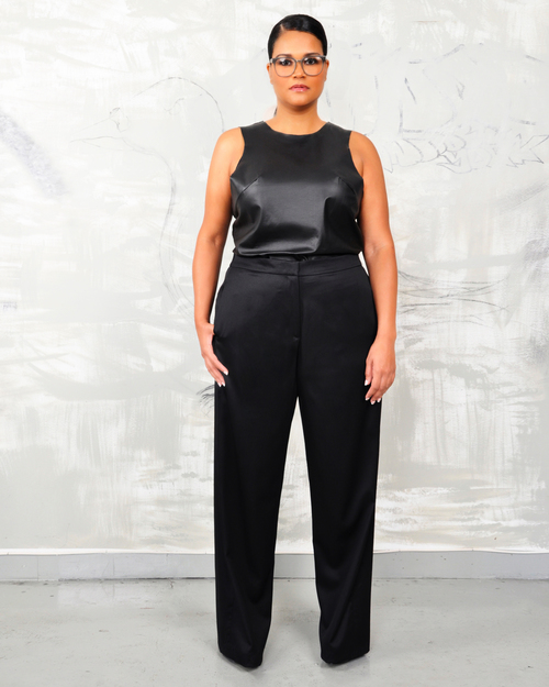 Try this look - Wide leg pant with a leather tank – outfit available @ PLY Apparel