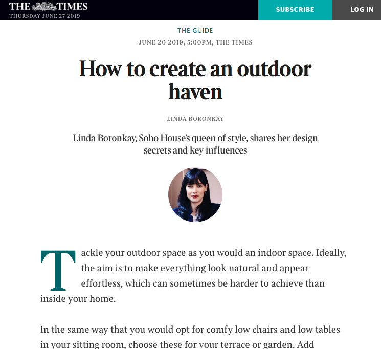 The Times, 20th June 2019, How To Create an Outdoor Haven, Linda Boronkay
