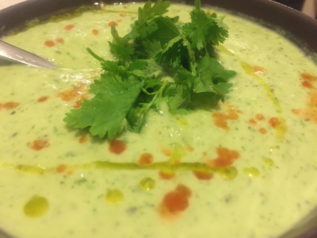 Warm, creamy Avocado soup topped with your favorite herb (I recommend cilantro or basil). You could also top it with roasted seeds or nuts!