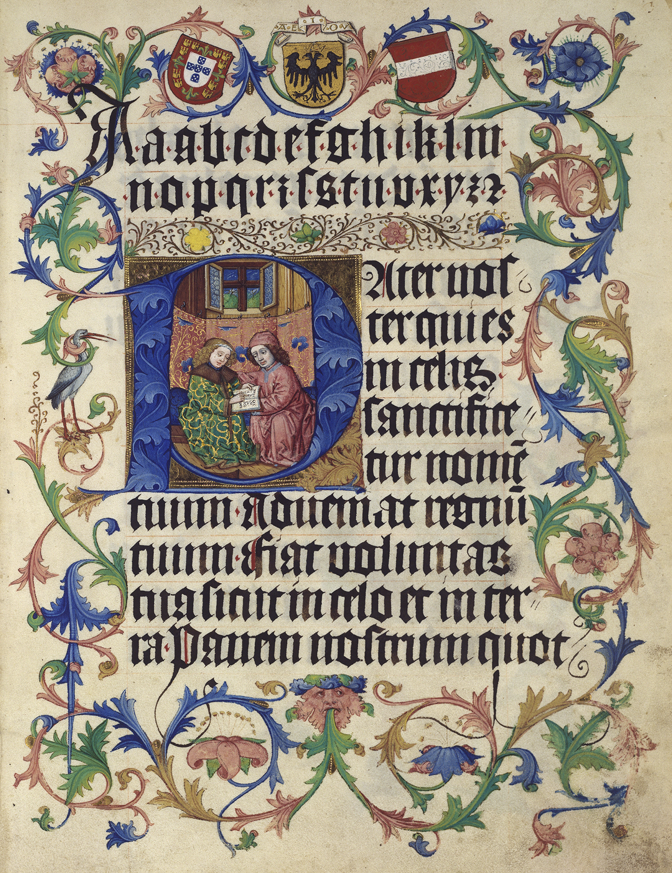 Unterrichtsszene mit Wappen Abecedarium für Maximilian I. (1459–1519) Handschrift Wien, um 1465 Österreichische Nationalbibliothek