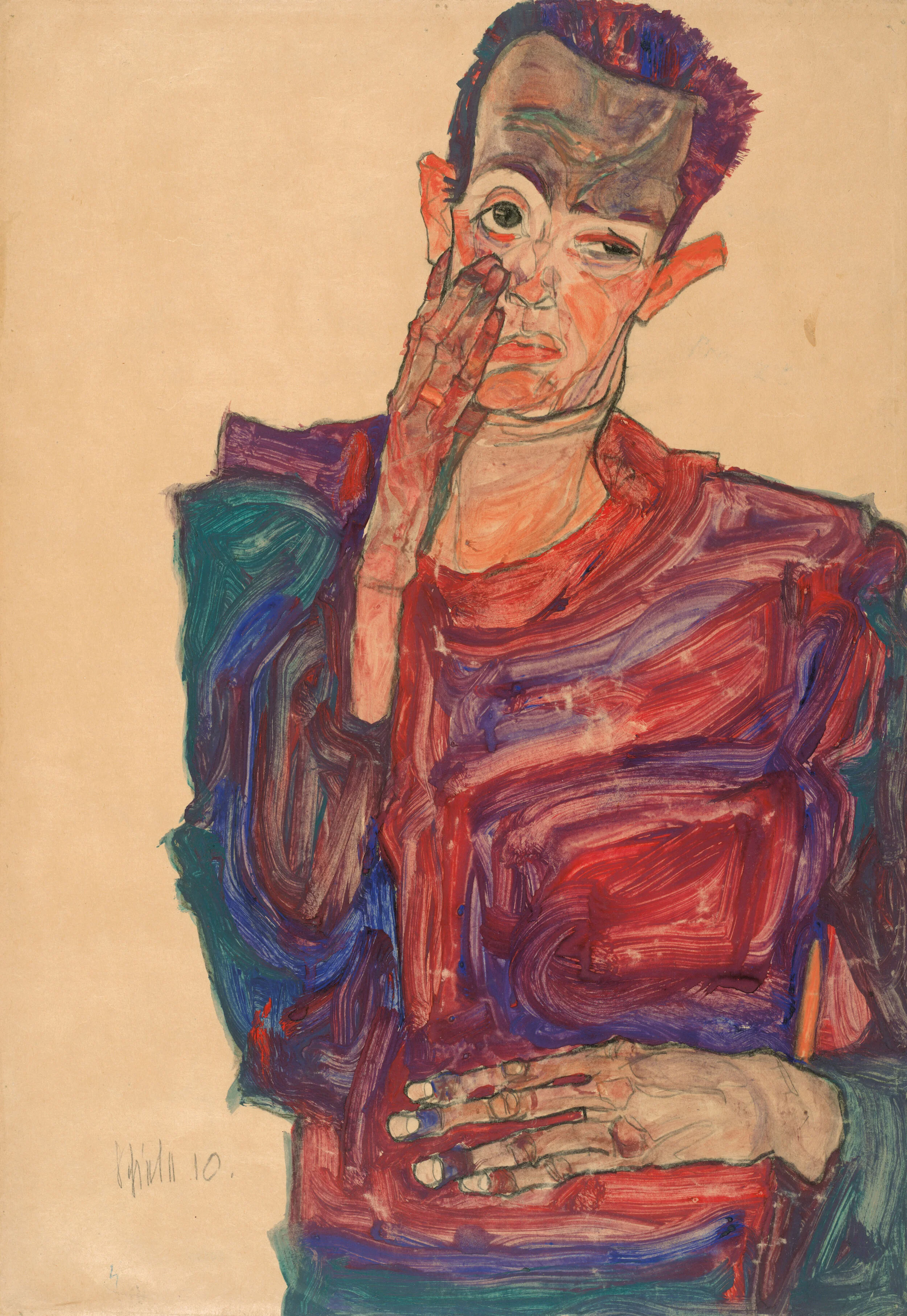 Egon Schiele Selbstbildnis mit herabgezogenem Augenlid, 1910, Albertina, Wien