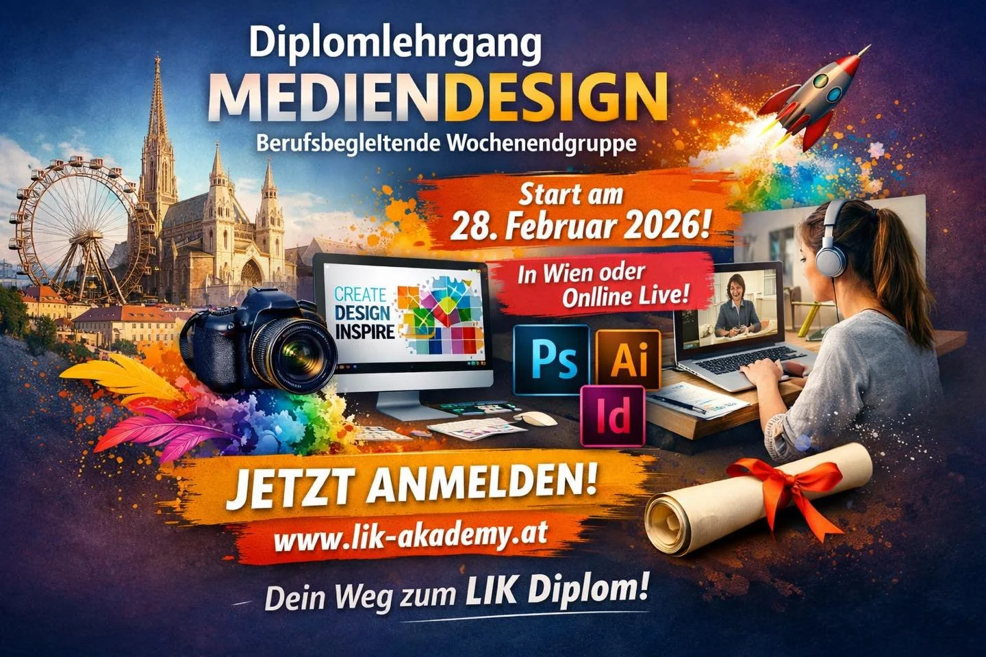 🎨✨ Deine kreative Zukunft beginnt jetzt!

Am 28. Februar 2026 startet die berufsbegleitende Wochenendgruppe des Diplomlehrgangs Mediendesign an der LIK Akademie &ndash; in Wien oder Online Live.

Du willst Design nicht nur konsumieren, sondern gesta