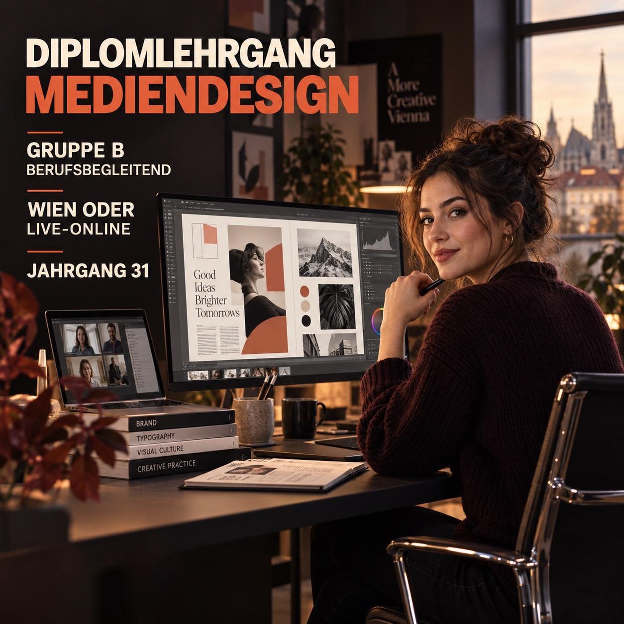 Kreativ arbeiten. Berufsbegleitend Mediendesign studieren.

Im Diplomlehrgang Mediendesign der LIK Akademie entwickelst du deine gestalterischen und technischen F&auml;higkeiten praxisnah weiter &ndash; von Grafikdesign und Bildbearbeitung bis zu Web