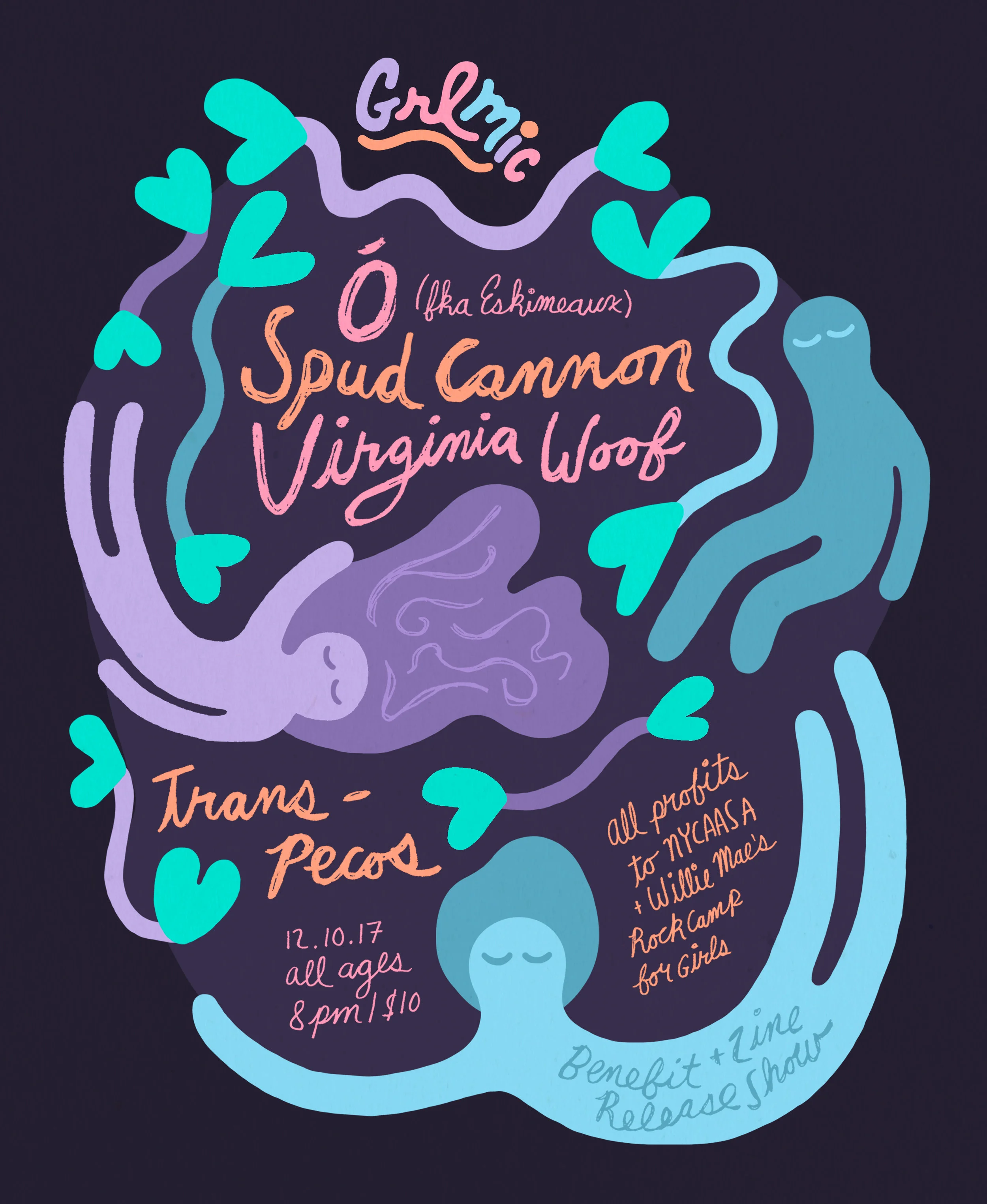 ~~GRLMIC BENEFIT + ZINE RELEASE!!! ~~ Grab your tickets early: https://www.ticketfly.com/purchase/event/1598119 December 10th @ Trans Pecos 8pm Doors// All Ages! $10 tickets with profits going to NYCAASA + Willie Mae's Rock Camp! Performances by: Virginia Woof Spud Cannon Ó (fka eskimeaux) *solo* Come celebrate our last benefit of the year and grab your copy of GRLMIC Issue #1! ♥ See you then! https://grlmic.bandcamp.com/ @grlmic