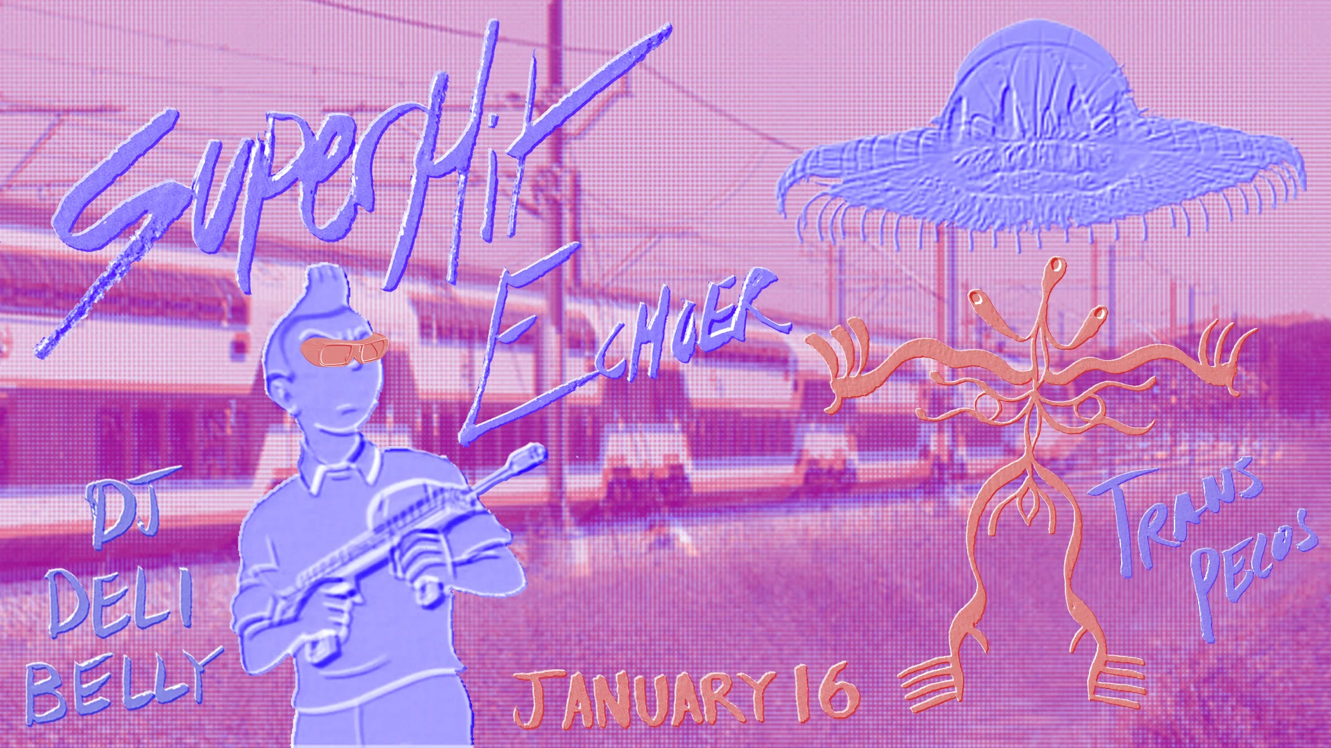"Vibing In The Fronds" at Trans Pecos Super Hit (Live) Rhythm, Vibrancy, Ecstacy. https://doublehappiness.bandcamp.com/album/super-hit Echoer (Live) Space, Repetition, Contemplation. https://doublehappiness.bandcamp.com/album/mixtape-1 Join our celebration! What are we celebrating? For one, an upcoming release from Burlington VT based Echoer. Super Hit plays it's final east coast performance (for now), before moving west in February! Warm vibrations in the cold winter! Selections from DJ Deli Belly (Wyatt Owens) throughout the night. https://www.mixcloud.com/DeliBelly/