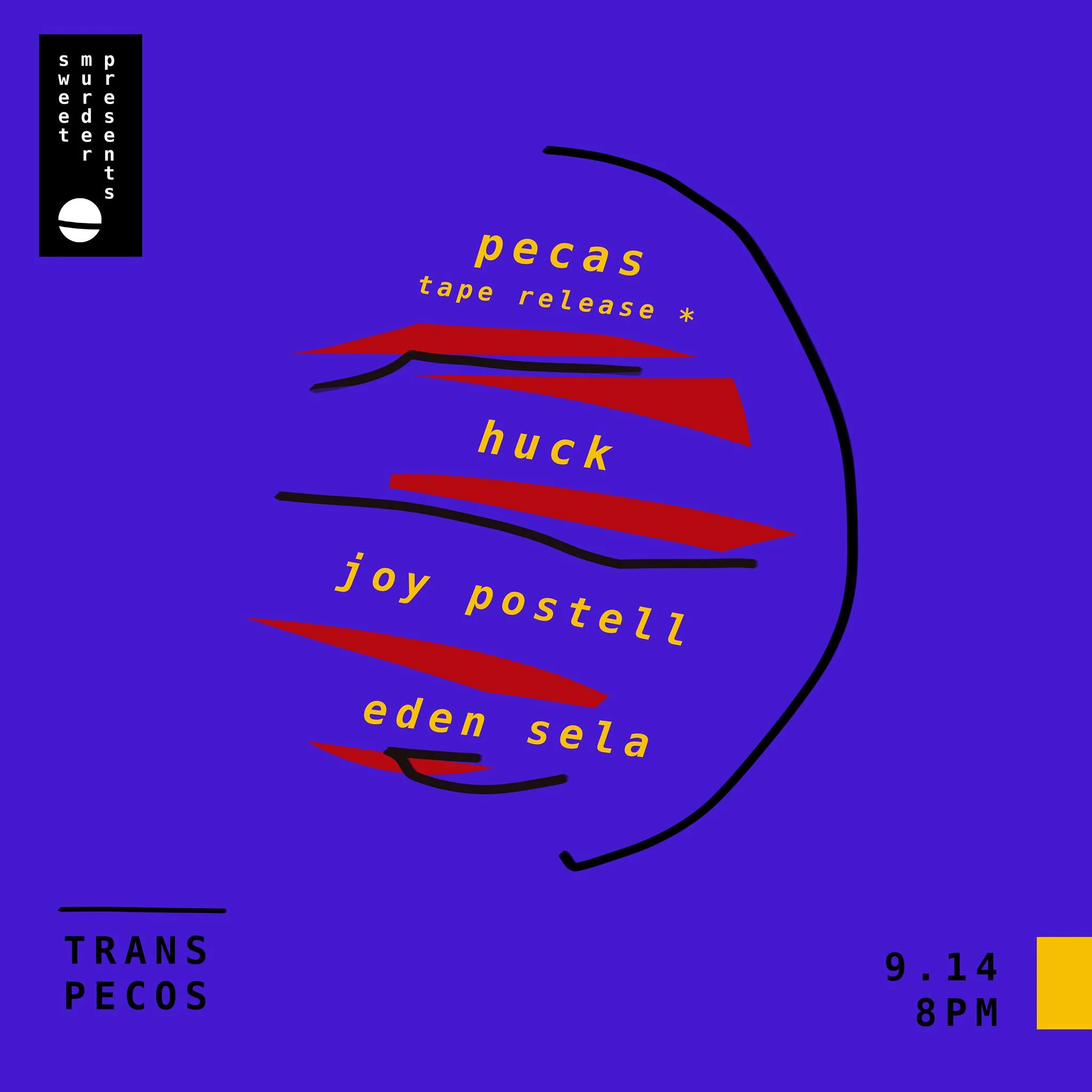 Friday September 14 Sweet Murder Presents: pecas (tape release) Huck Joy Postell Eden Sela ////////////// https://pecas.bandcamp.com/ https://hucknyc.bandcamp.com/ https://joypostell.bandcamp.com https://edensela.bandcamp.com/