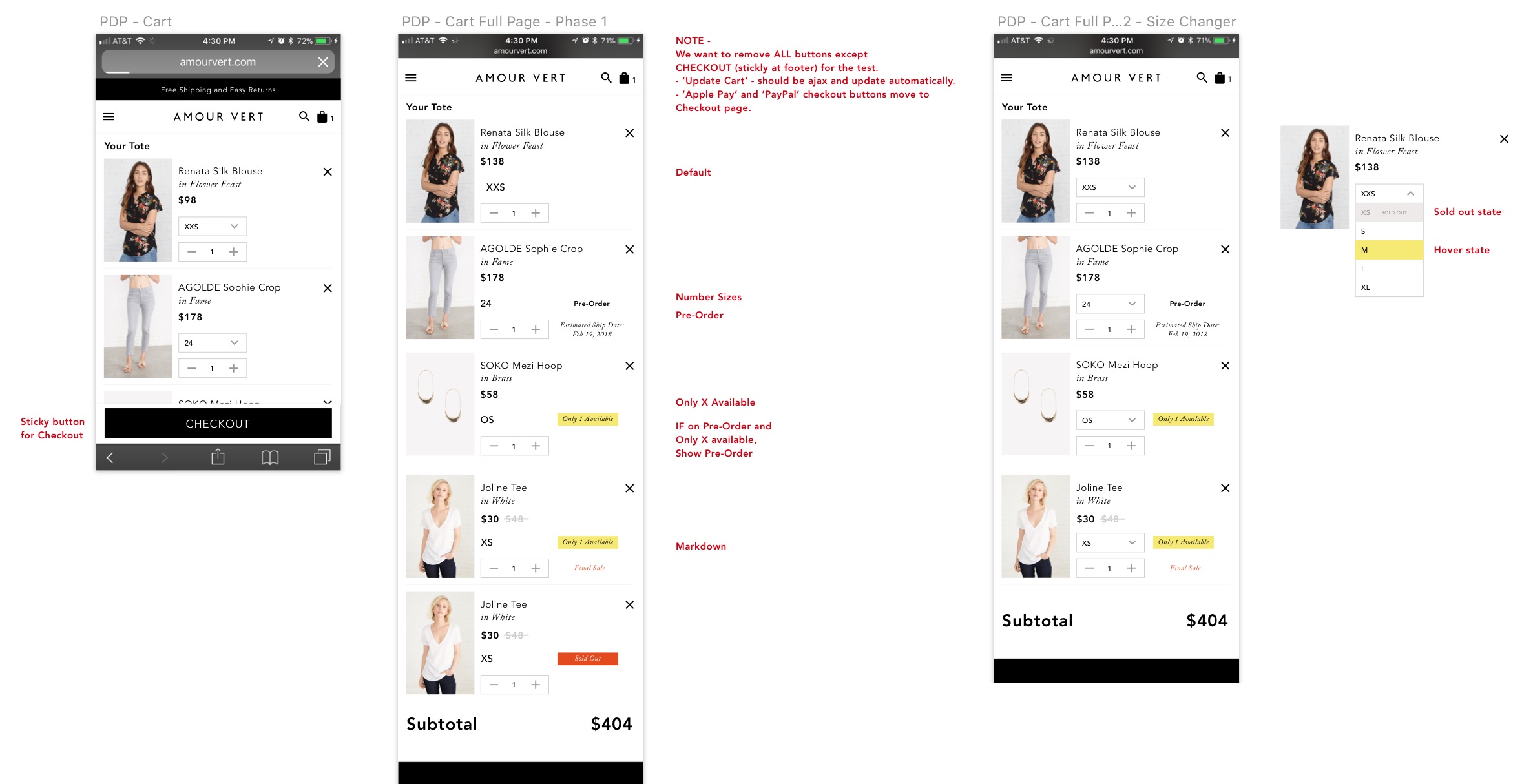 Annotated mobile comps of cart, including different states.