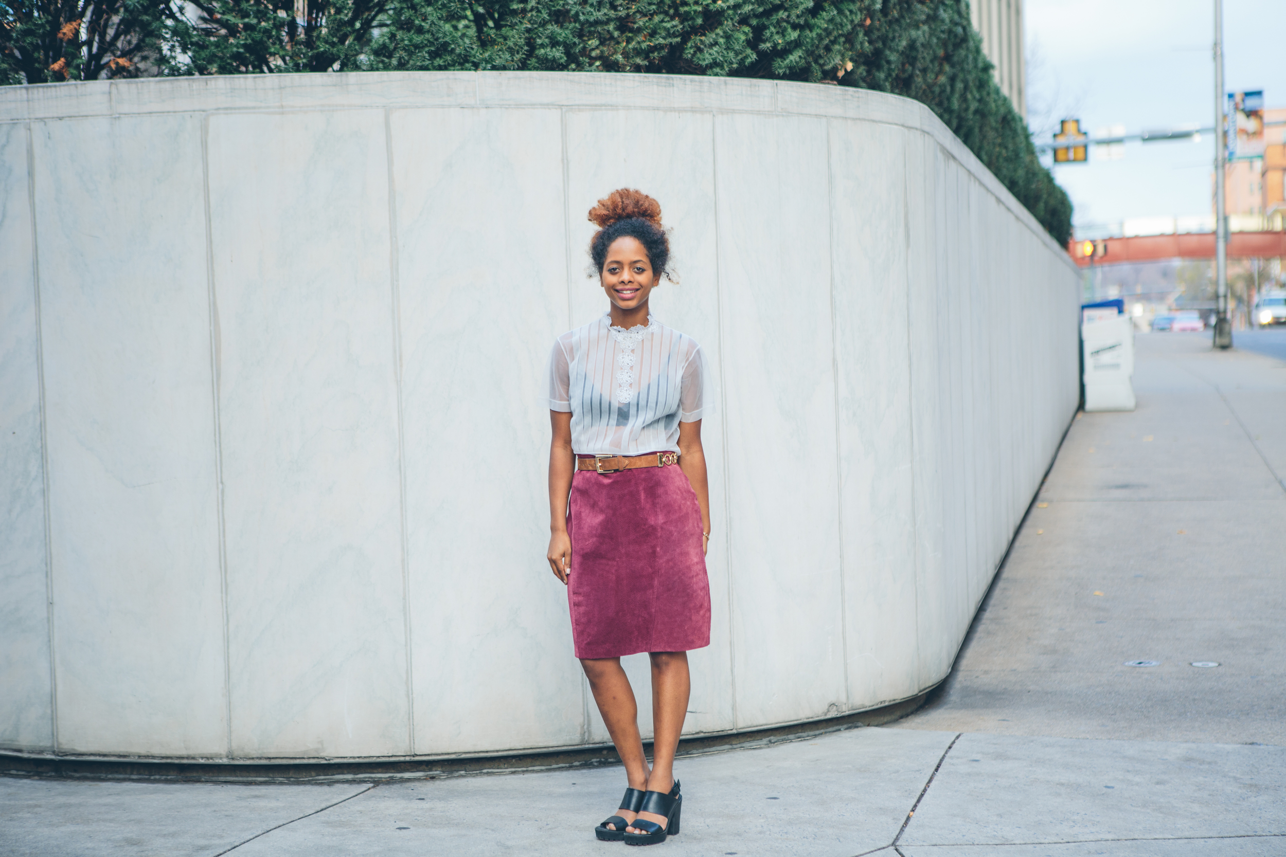 Maroon suede pencil skirt ($36) | sheer antique blouse with sparkling embellishments ($28) | 90s Express suede and gold chain link belt ($20)