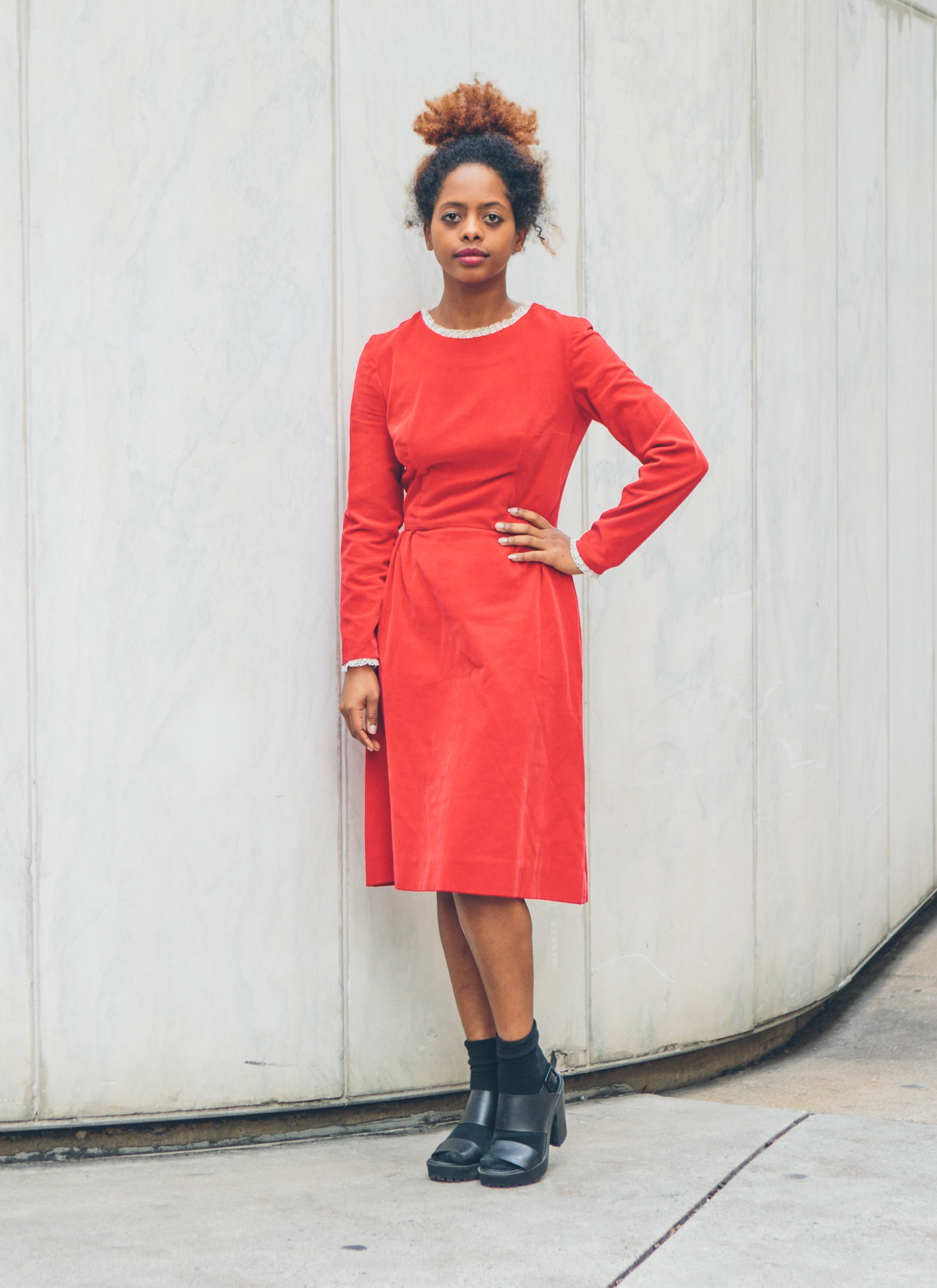 60s handmade traditional red velvet dress with delicate lace trim ($35) 