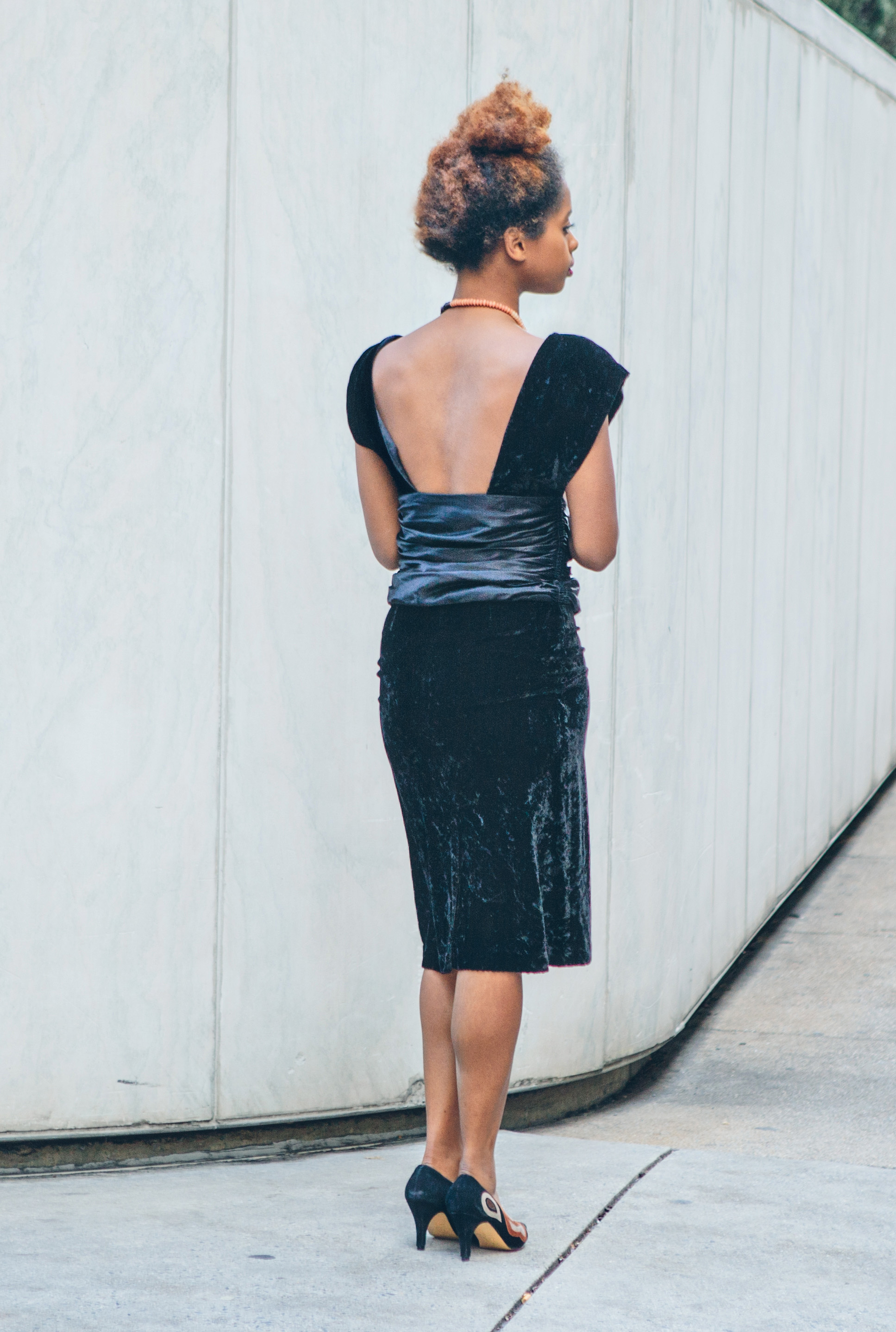 90s black velvet cocktail dress with beautiful open back ($36) | beaded necklace ($21) | suede patterned heels ($27)