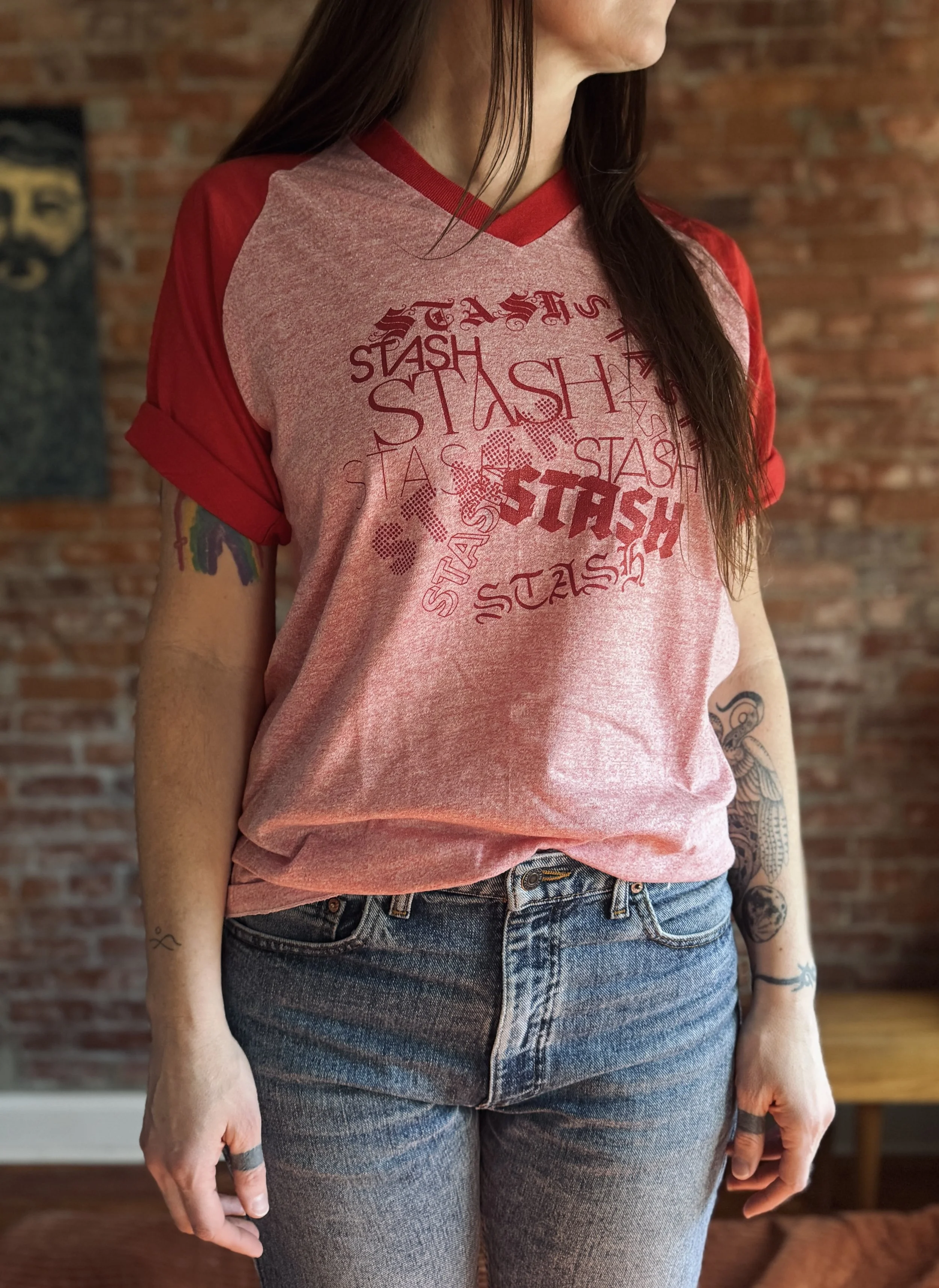 Size M/L • Red Russell V-neck Ringer Tee
