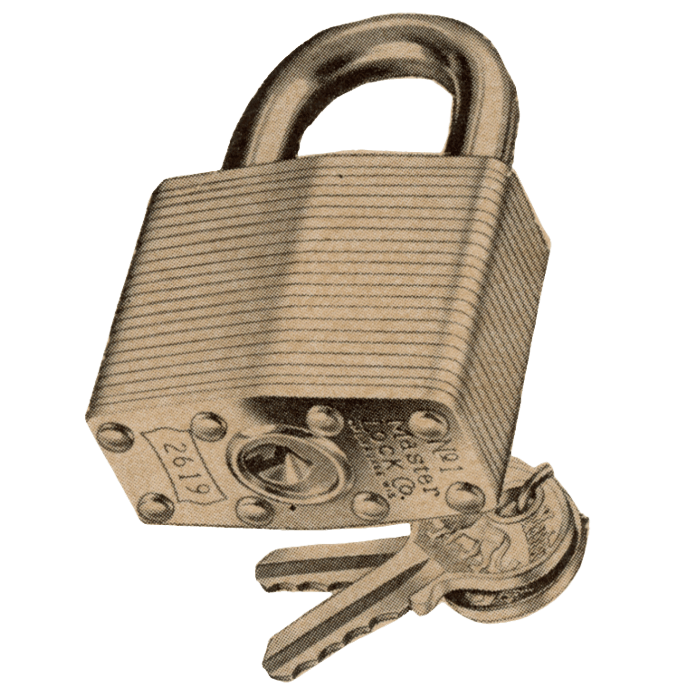A vintage illustration of a padlock resting on a key with a dollar bill pattern.