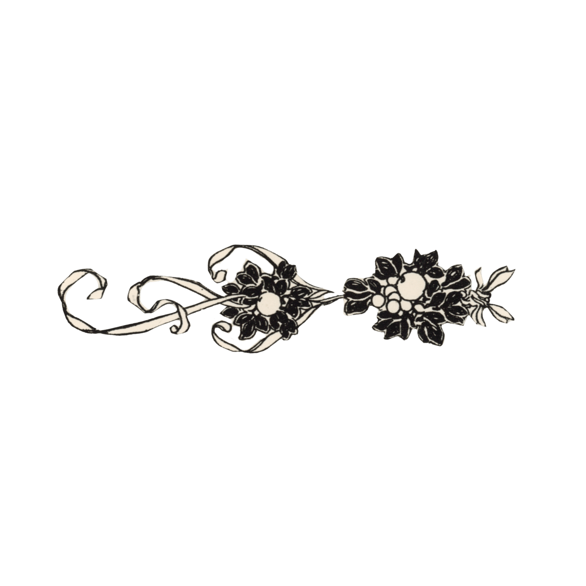 Black background with a white floral illustration at the bottom, featuring detailed flowers and leaves.