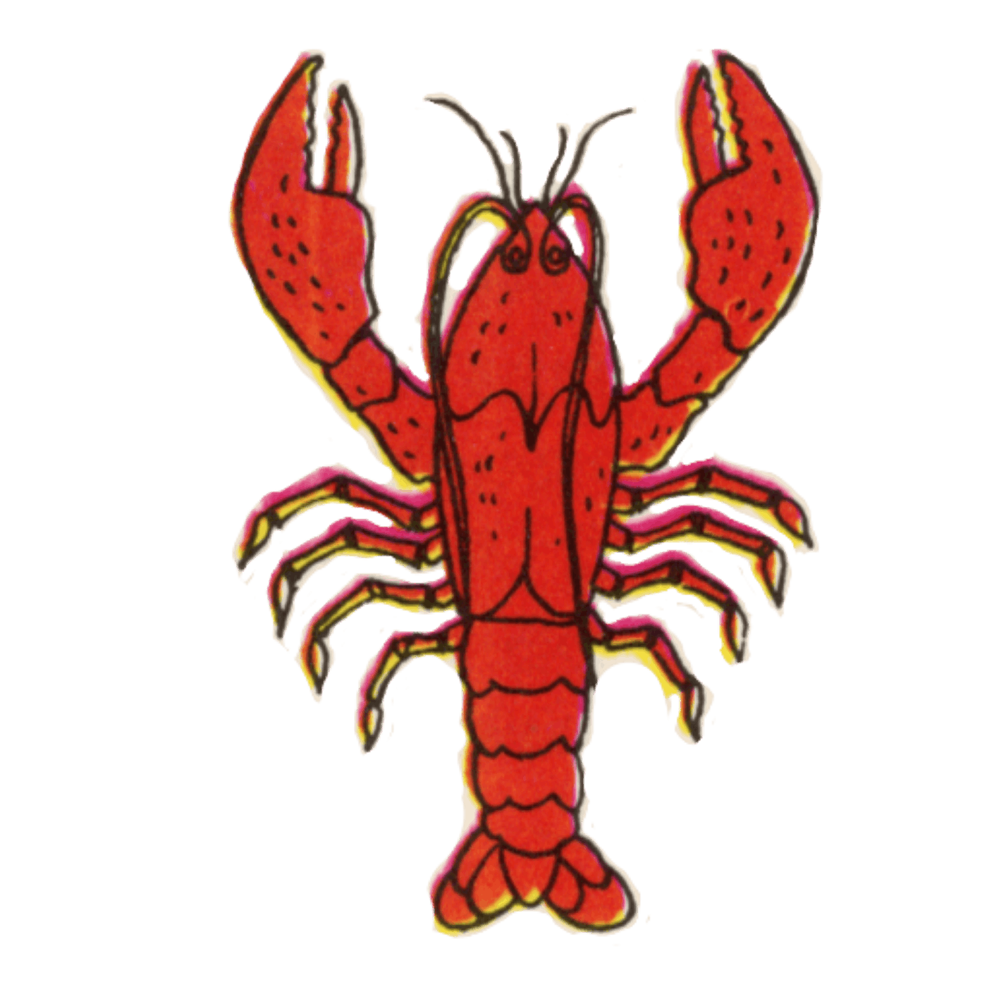 A cartoon illustration of a crawfish with large claws, multiple legs, and a segmented tail, colored in red with black and yellow accents.