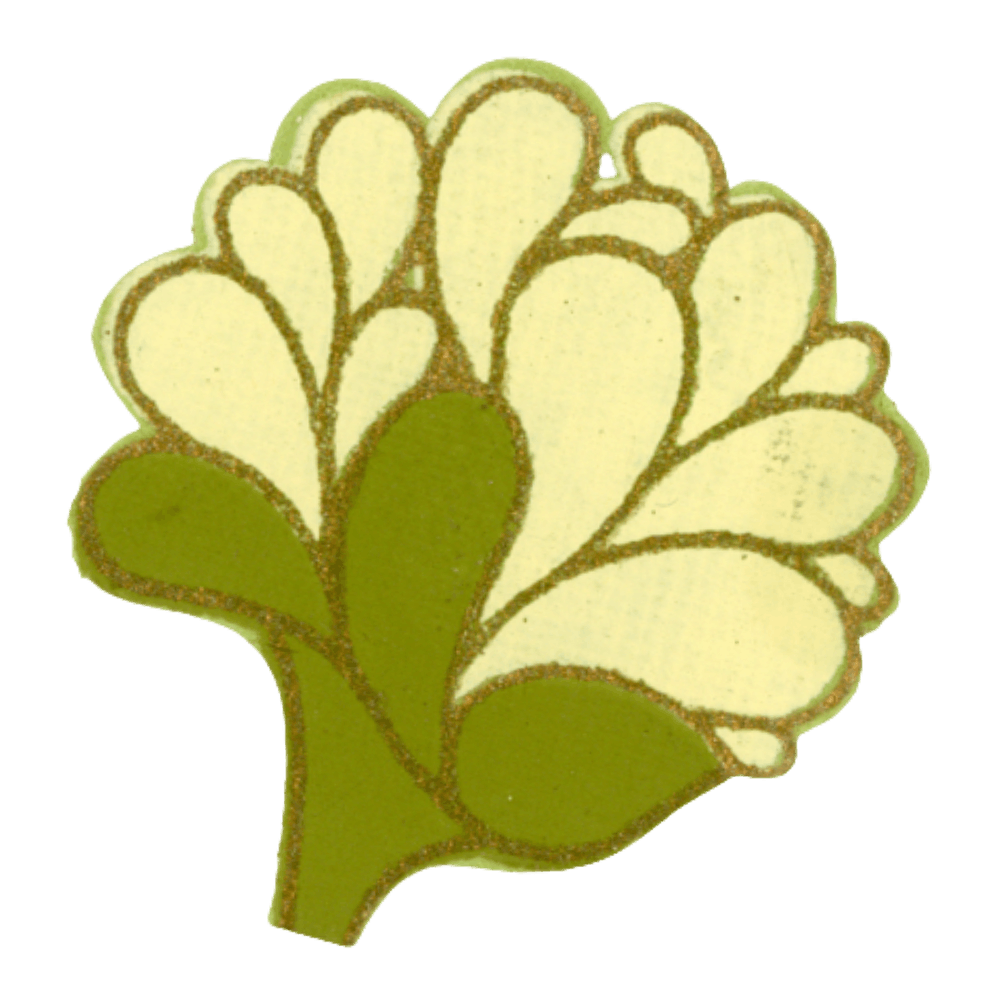 Close-up of a decorative green and yellow flower-shaped object with outlined petals and green leaves