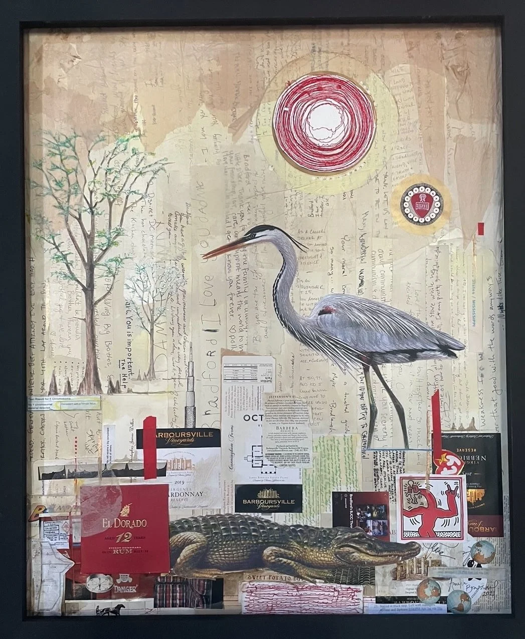 Mixed media collage with trees, a heron, an alligator, promotional tickets, handwritten notes, and abstract drawings.