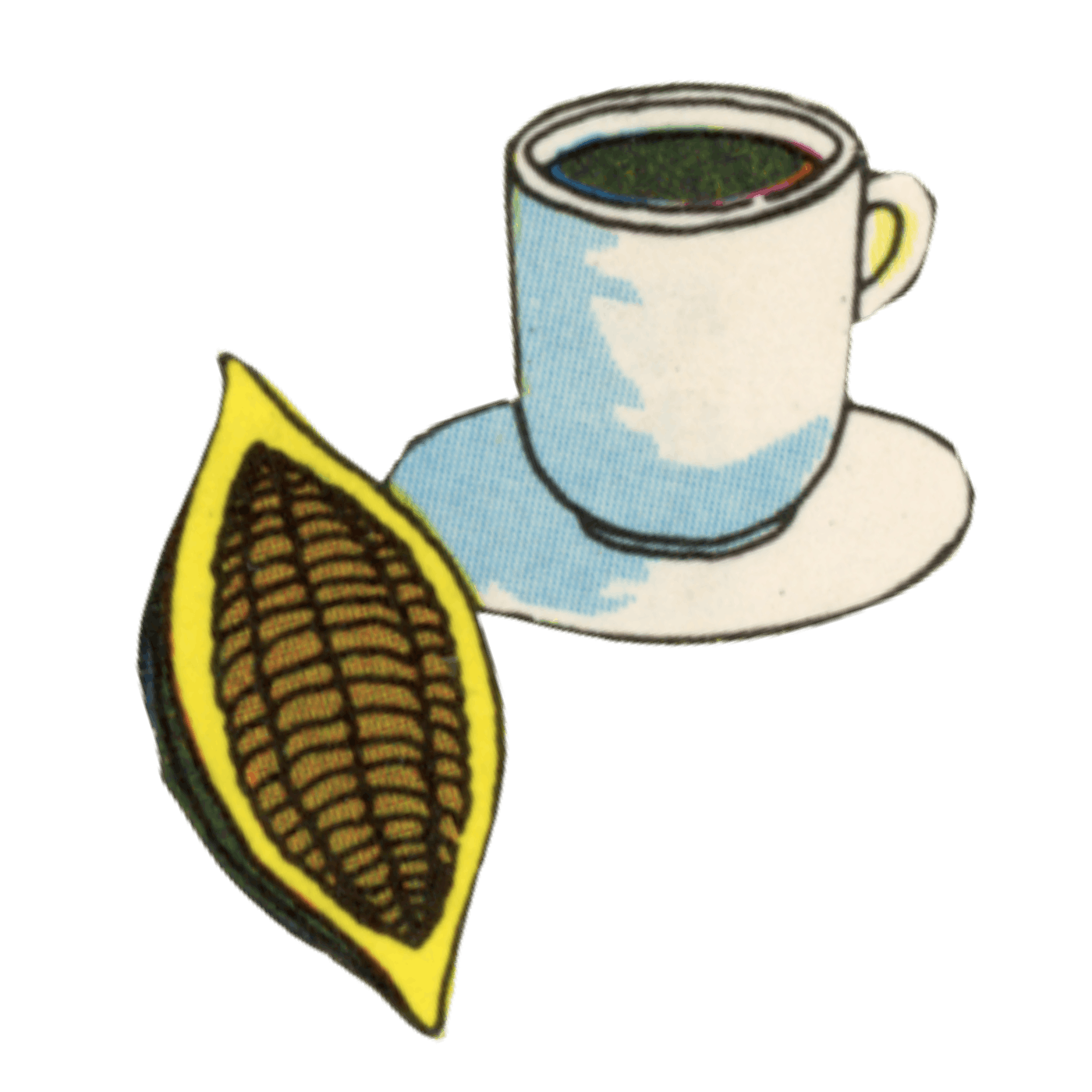 A cup of black coffee on a white saucer with a yellow and brown cacao pod beside it.