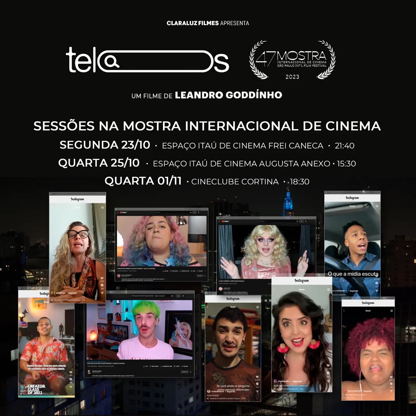 Conhe&ccedil;a a programa&ccedil;&atilde;o! O document&aacute;rio #Telas, de @leandrogoddinho_, est&aacute; chegando na @mostrasp! A grande estreia ser&aacute; na segunda 23 de outubro &agrave;s 21h40 no @itaucinemas - unidade Frei Caneca.

O longa t