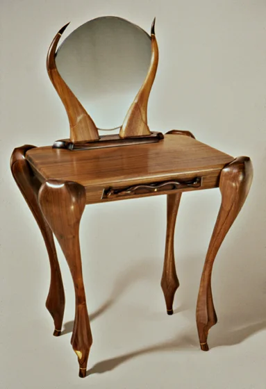 Dancer walnut / ebony / ivory / brass / gold leaf foyer table - 44'' x 27'' x 22'' 1983 (private collection)