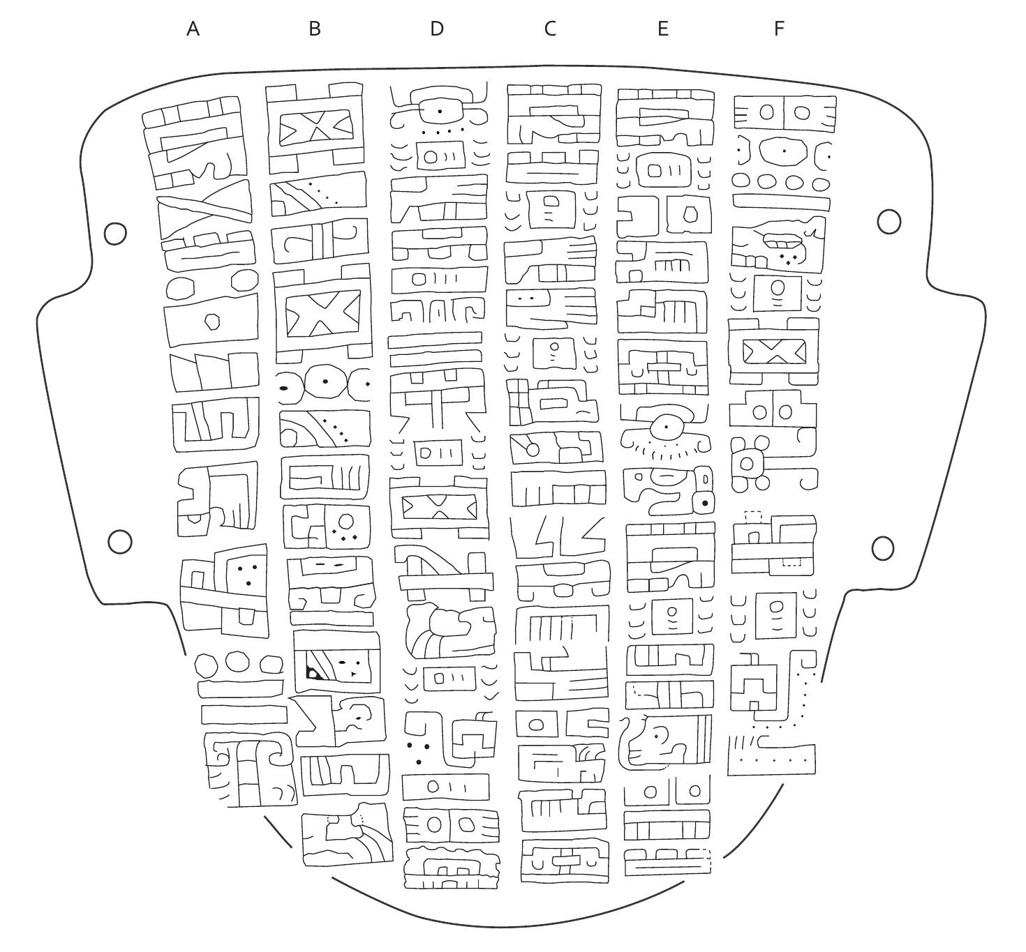 Dibujo a línea del reverso de una máscara de estilo teotihuacano, con seis columnas de glifos epiolmecas rotuladas A, B, D, C, E y F