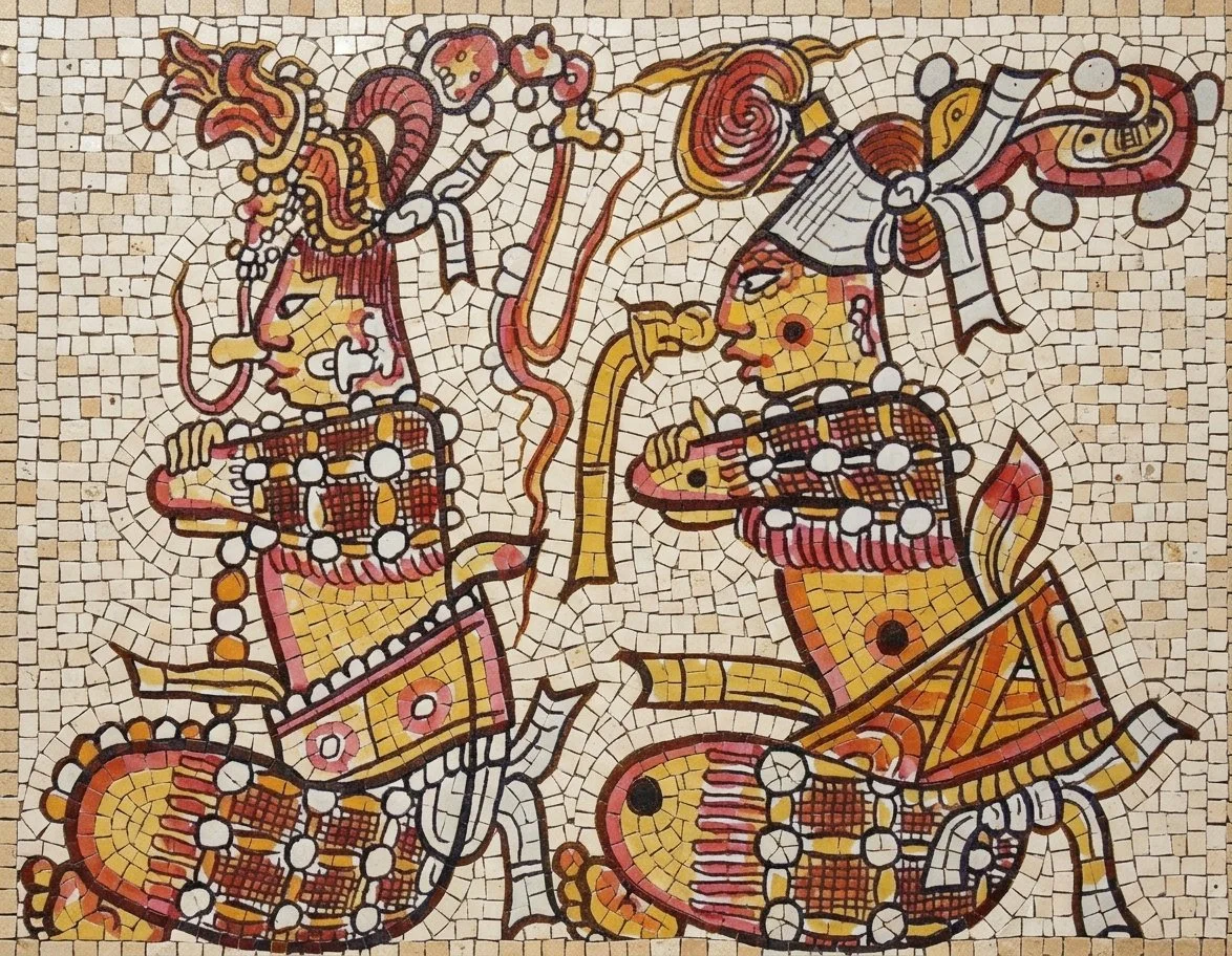 Mosaico de Los Gemelos Héroes, Hunahpú e Xbalanqué, semidioses centrales del Popol Vuh