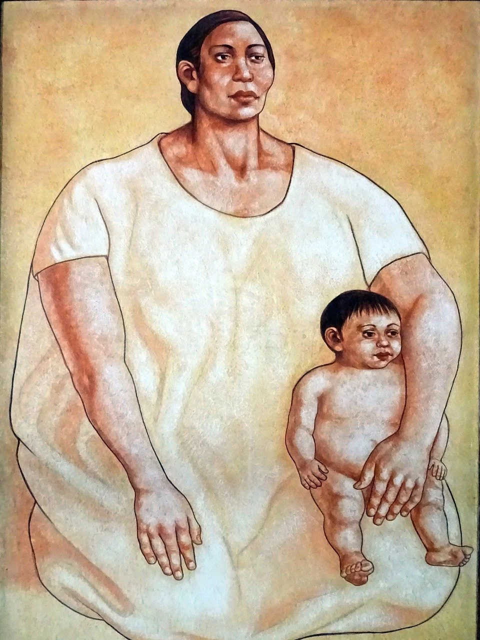 Pintura: una mujer indígena de vestido blanco, sentada, con un niño pequeño junto a ella