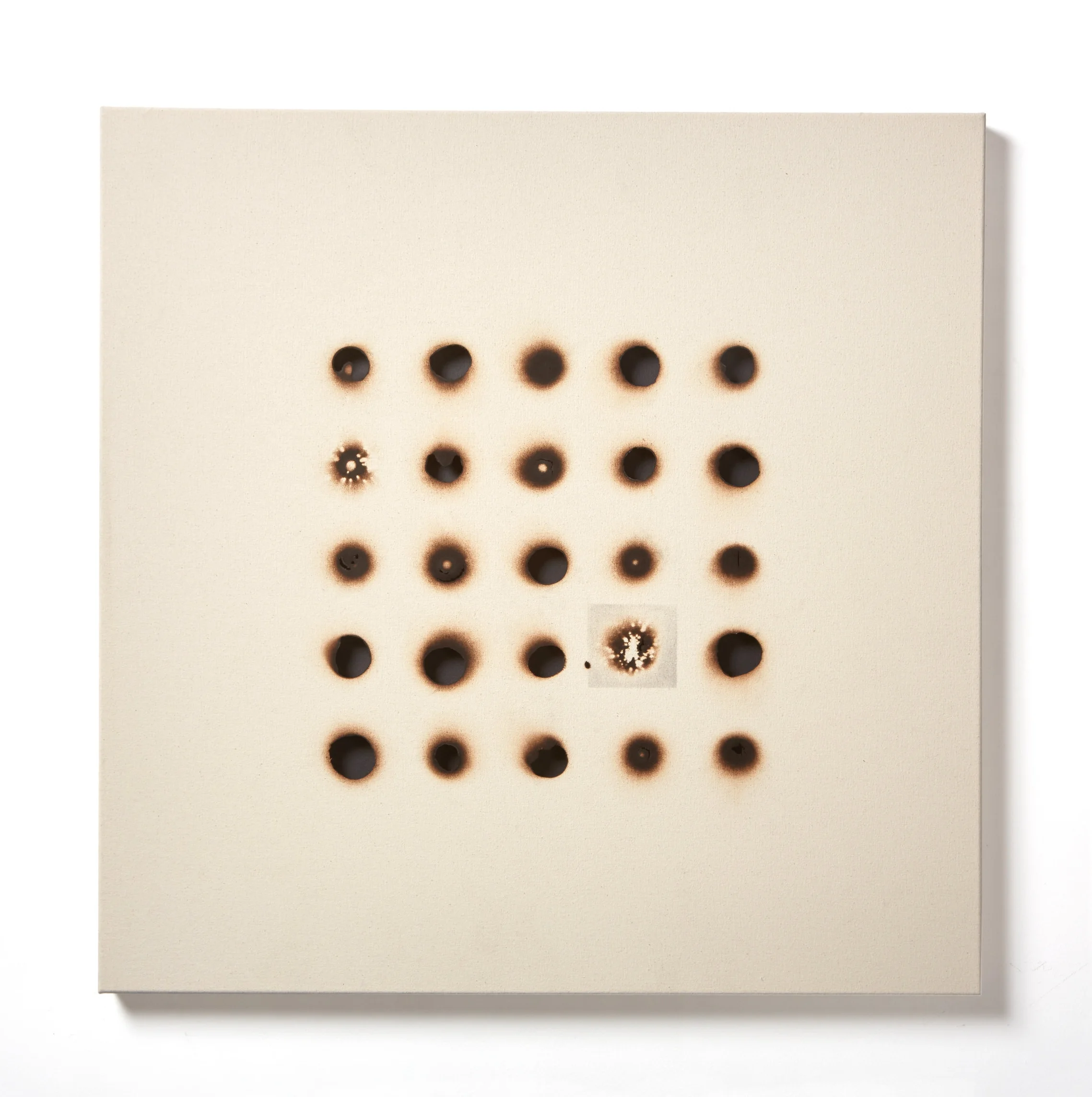  Double Bleed, 2017 fire, metal, pigment, canvas 38" x 38" 