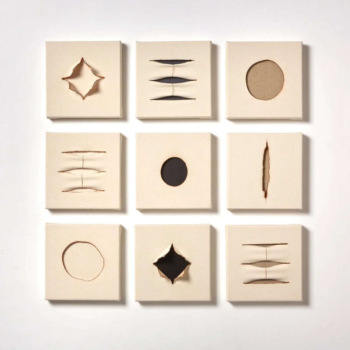  Set, 2016 fire, pigment, twine, canvas, linen 34" x 34" 