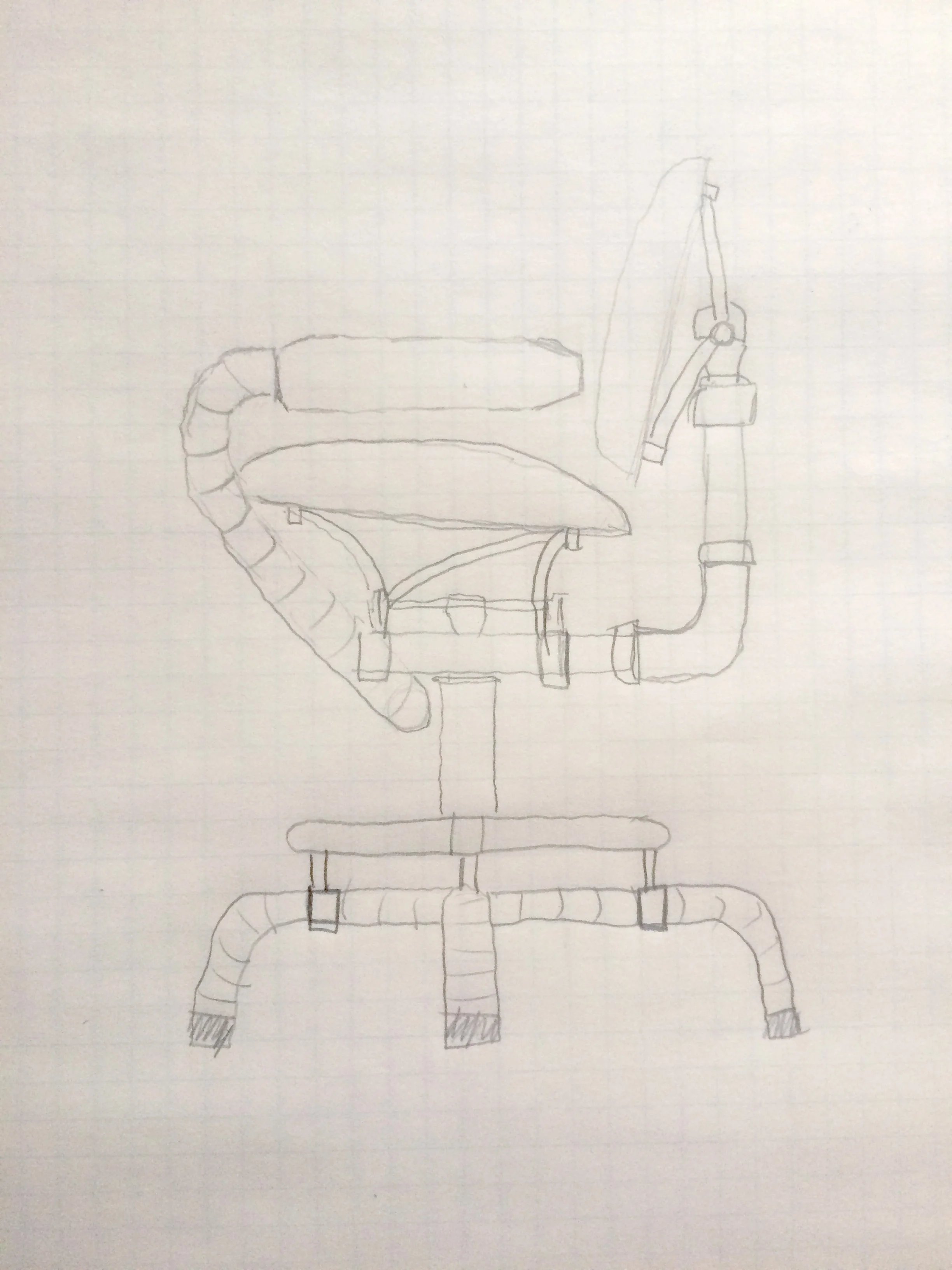 This sketch shows a base that uses 1 3/4" exhaust tubing that is wrapped, and finished at the bottom with exhaust tips. The foot ring would be 1" chrome tubing. The base could also be made with handlebar-sized tubing (1 1/8" or 1 1/4" diameter) in chrome or powder coat in color choice. The bottom could be finished with handlebar grips in choice of style. The chrome mufflers that serve as arm rests at the end of the wrapped exhaust tubing can as short at 12" and as long as 30". The center column that connects the base to the seat/back assembly would contain a swivel. Parts that I normally paint or powder coat in black, can also be any other color.