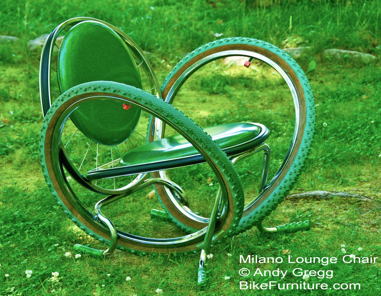Bike Furniture Design, Milano Lounge Chair with green sparkle upholstery, and Michelin tires in celeste green. Photographed at Blackrocks at Presque Isle in Marquette, Michigan, July 11, 2011