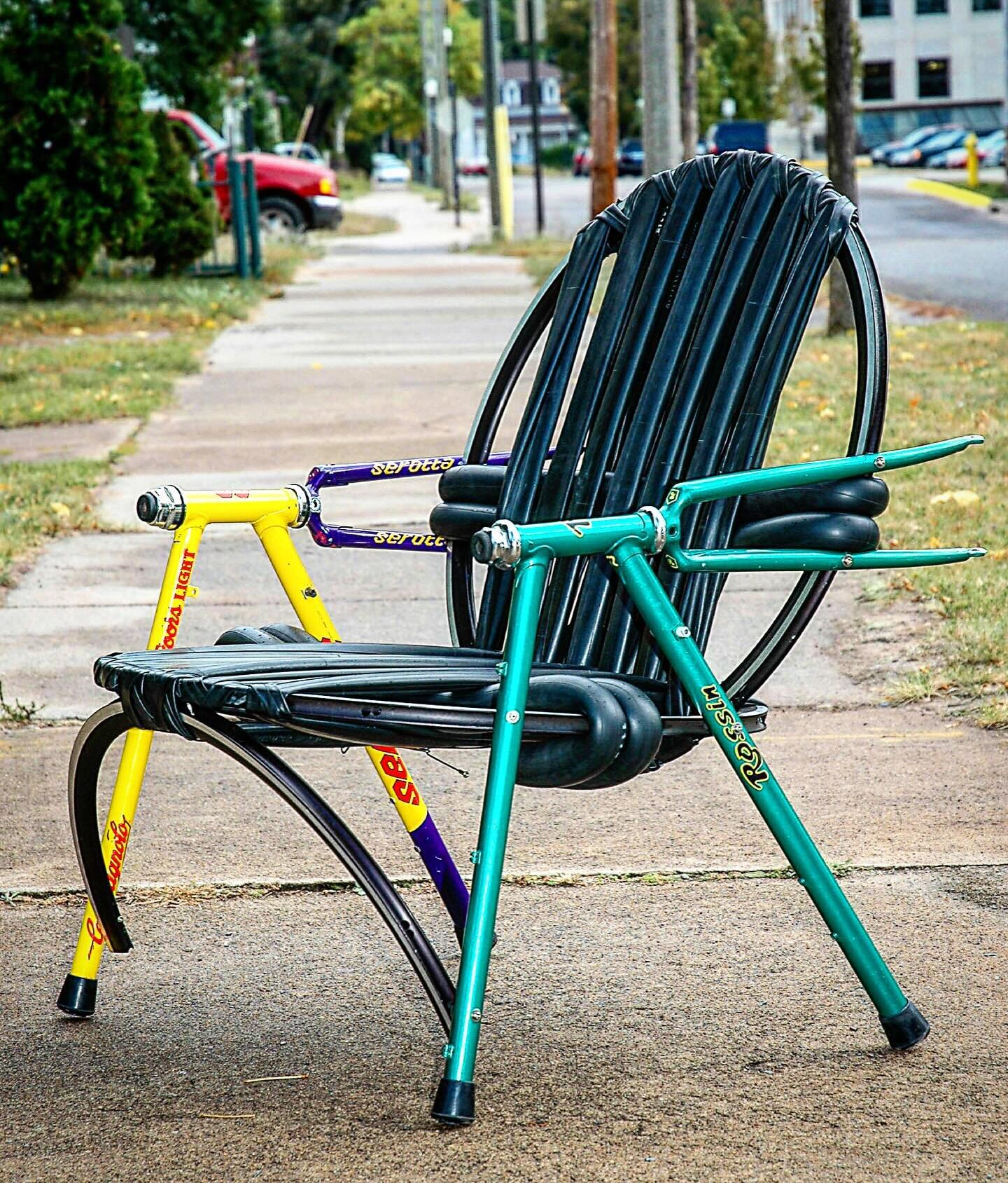 A photo of a chair I made 20 years ago has been shared widely over the years, and I saw it posted on no less than 5 Facebook  groups over the last 2 days. 
A common lament in the comments is that 2 perfectly good race bikes were destroyed for the pur