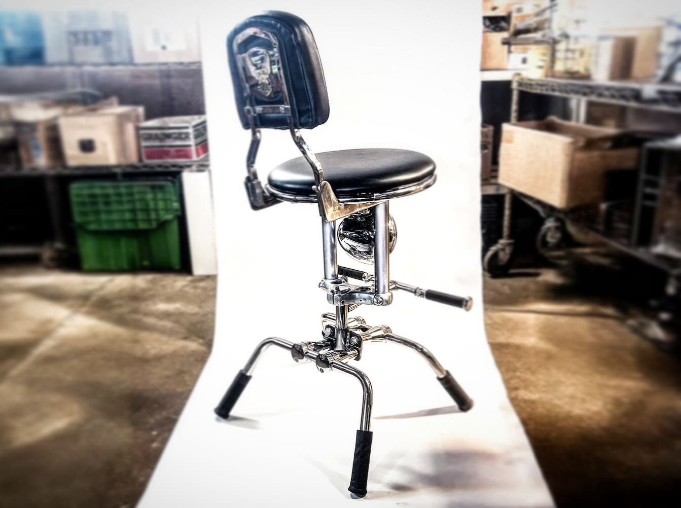 Moto barstool now available with sissy bar and foot peg options.
Customization is endless for this machine. We can build it with just about any brand and model of motorcycle seat, foot pegs, sissy bar, handlebar risers, grips, headlight&hellip; 
My c